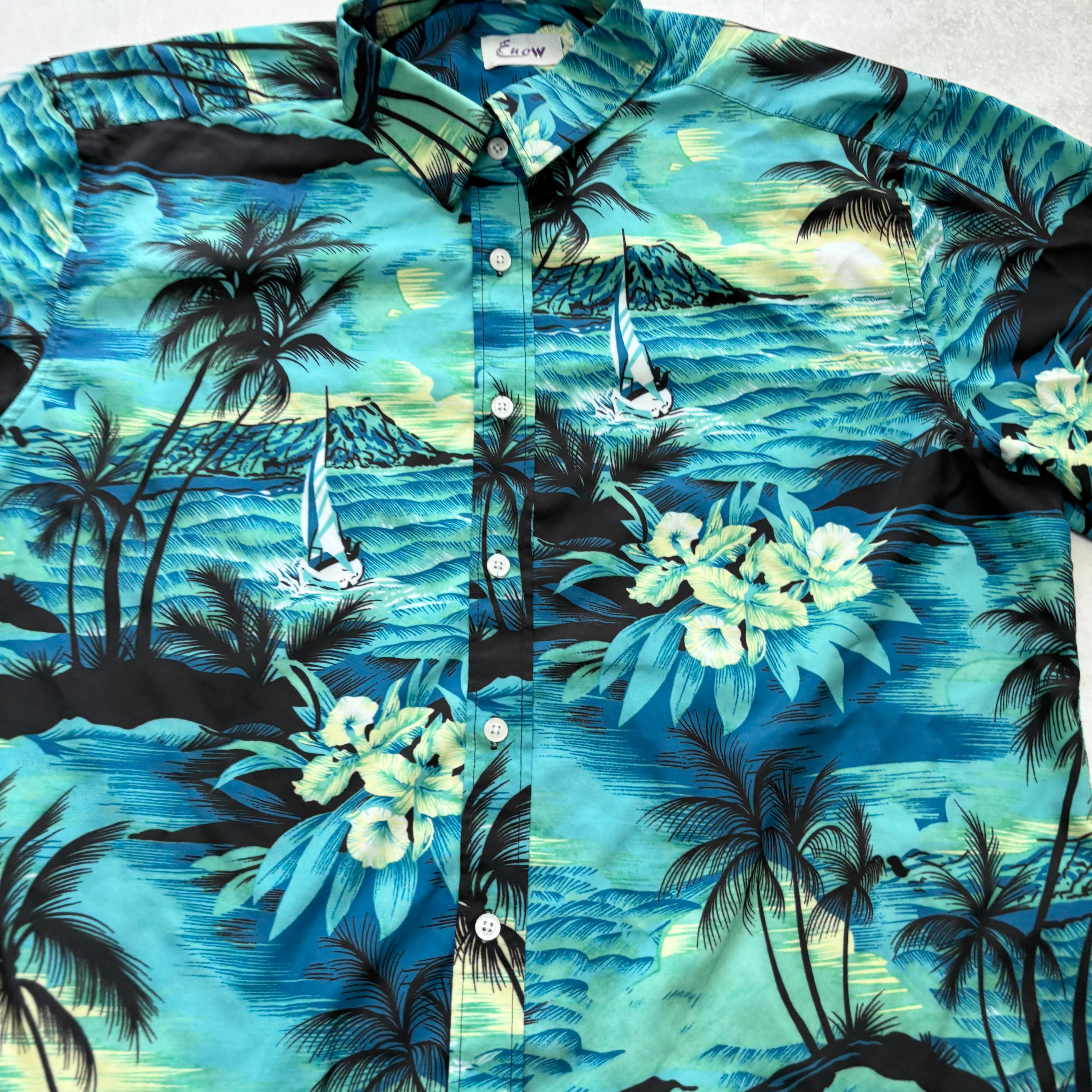 Hawaiian Shirt Mens Large Blue Floral Aloha Short Sleeve Polyester (E)