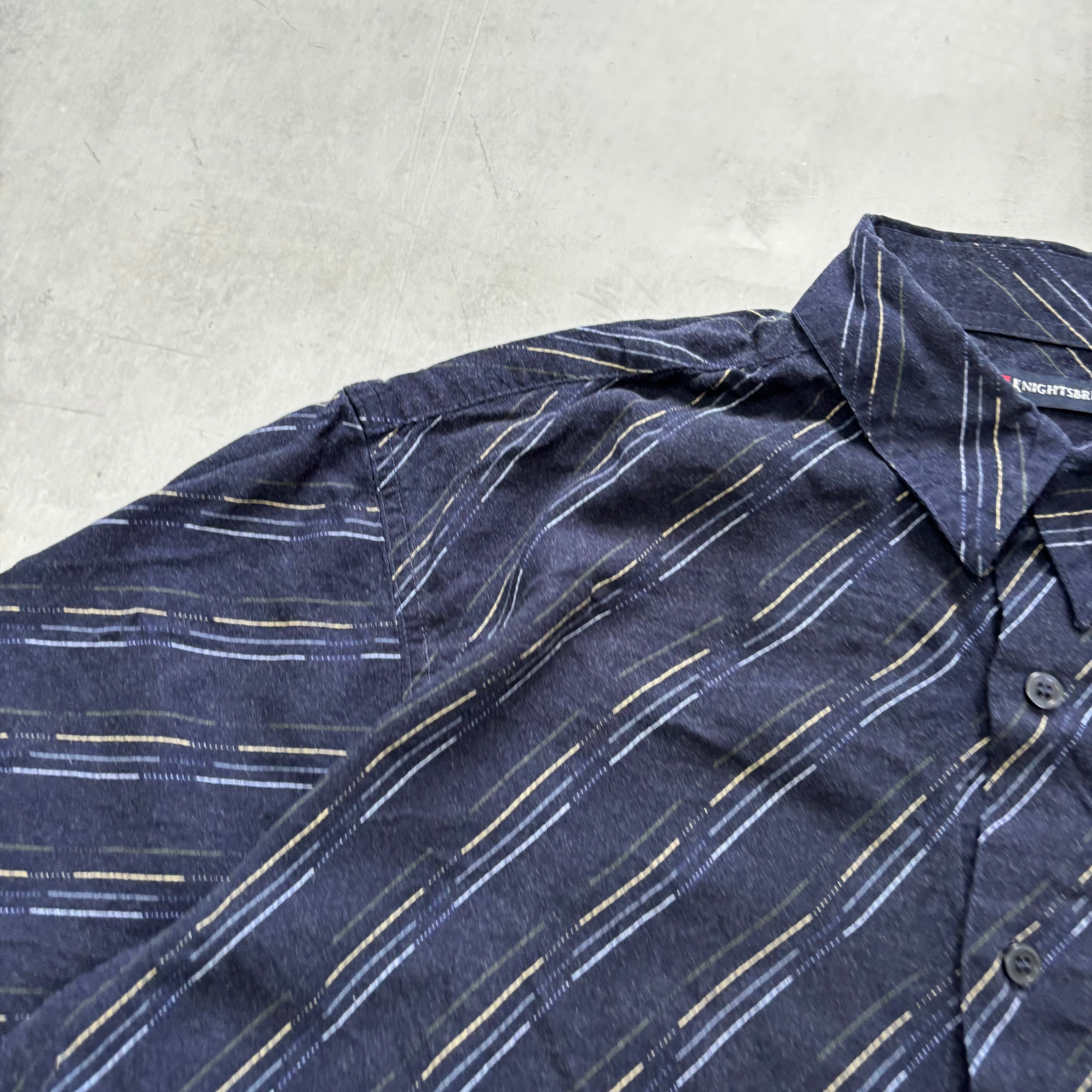 Vintage Shirt Mens Large Navy Blue Striped Short Sleeve Rayon