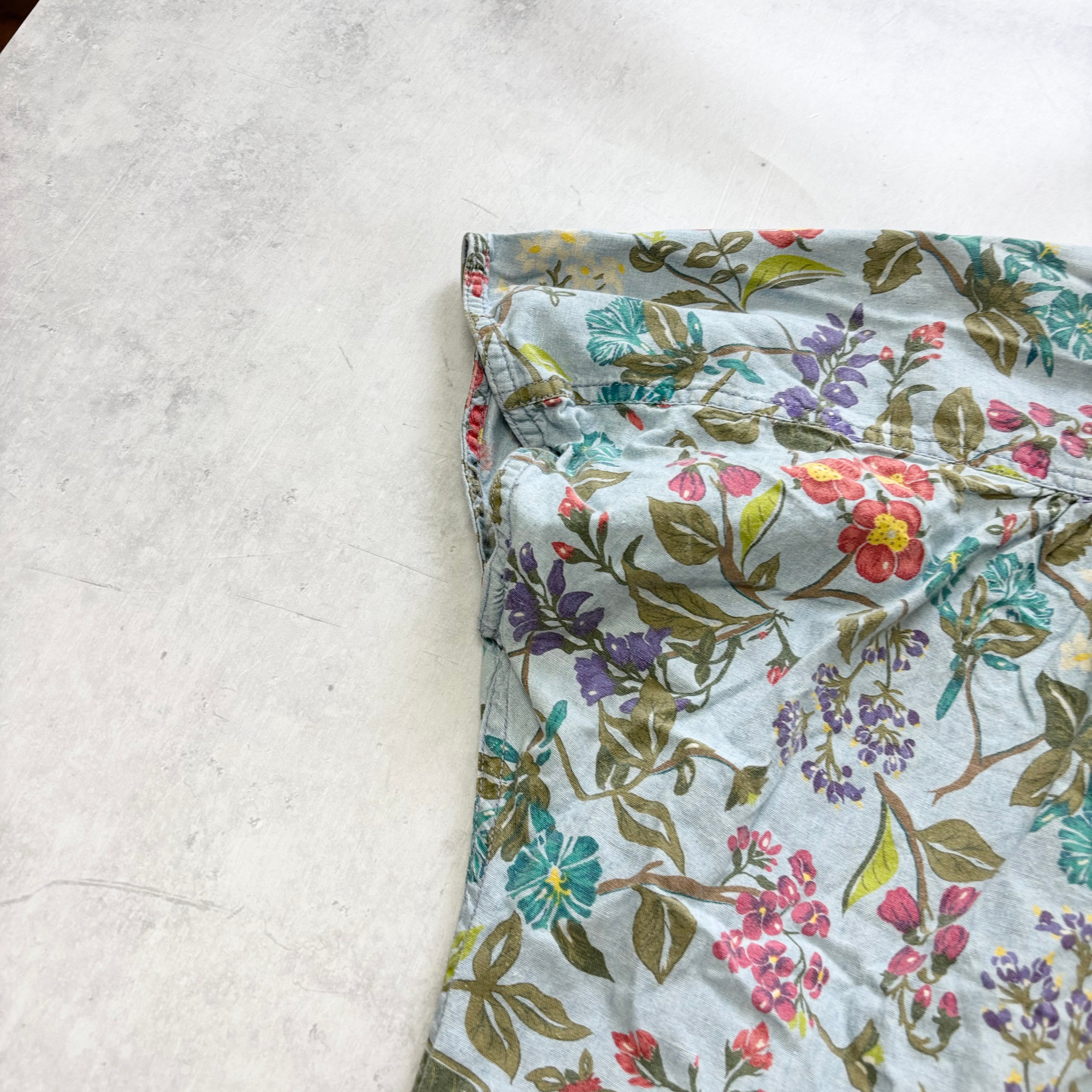 Hawaiian Shirt Mens Large Blue Floral Aloha Short Sleeve Cotton Sleeveless (E)