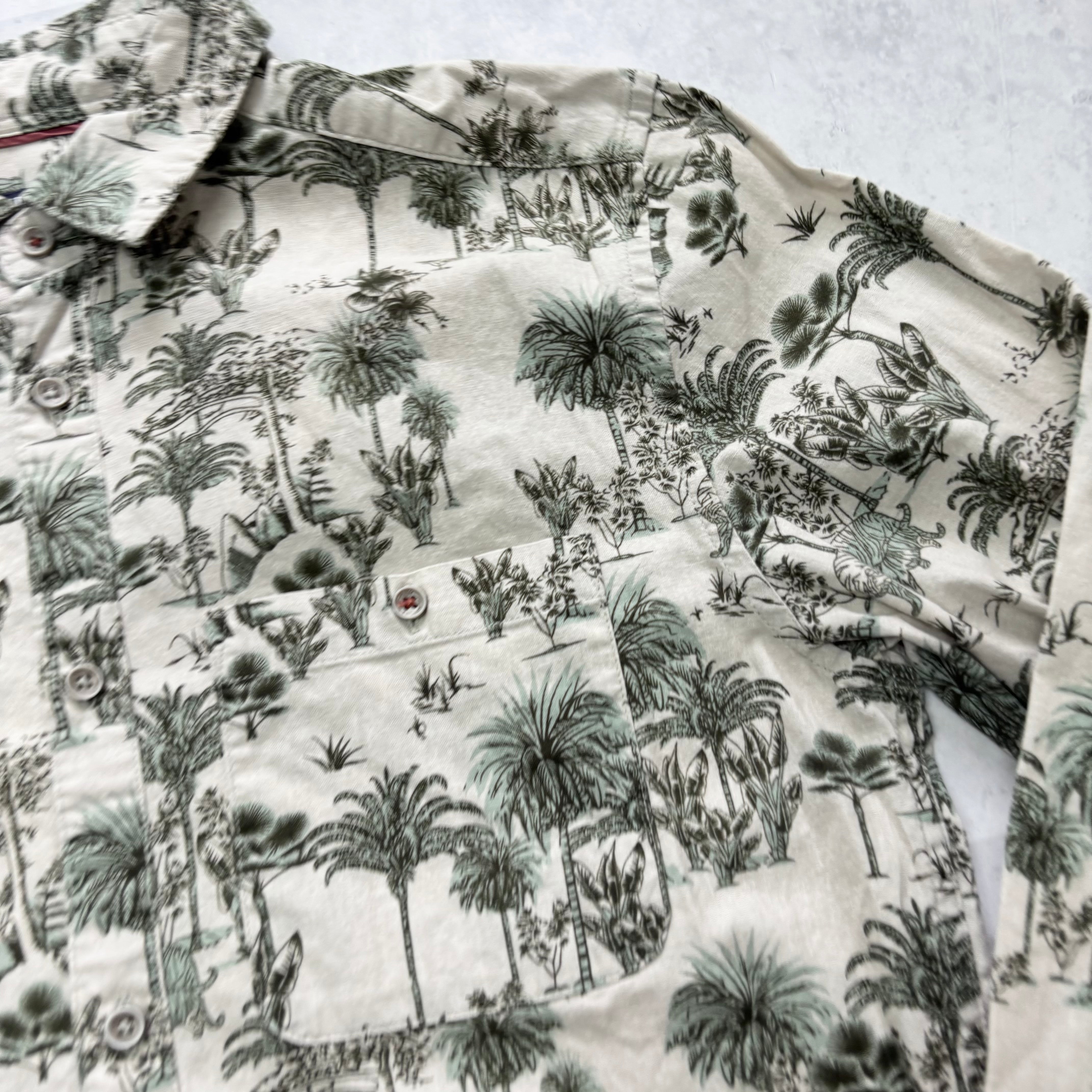 Kiabi Shirt Mens Small Beige Floral Aloha Long Sleeve Cotton (E)