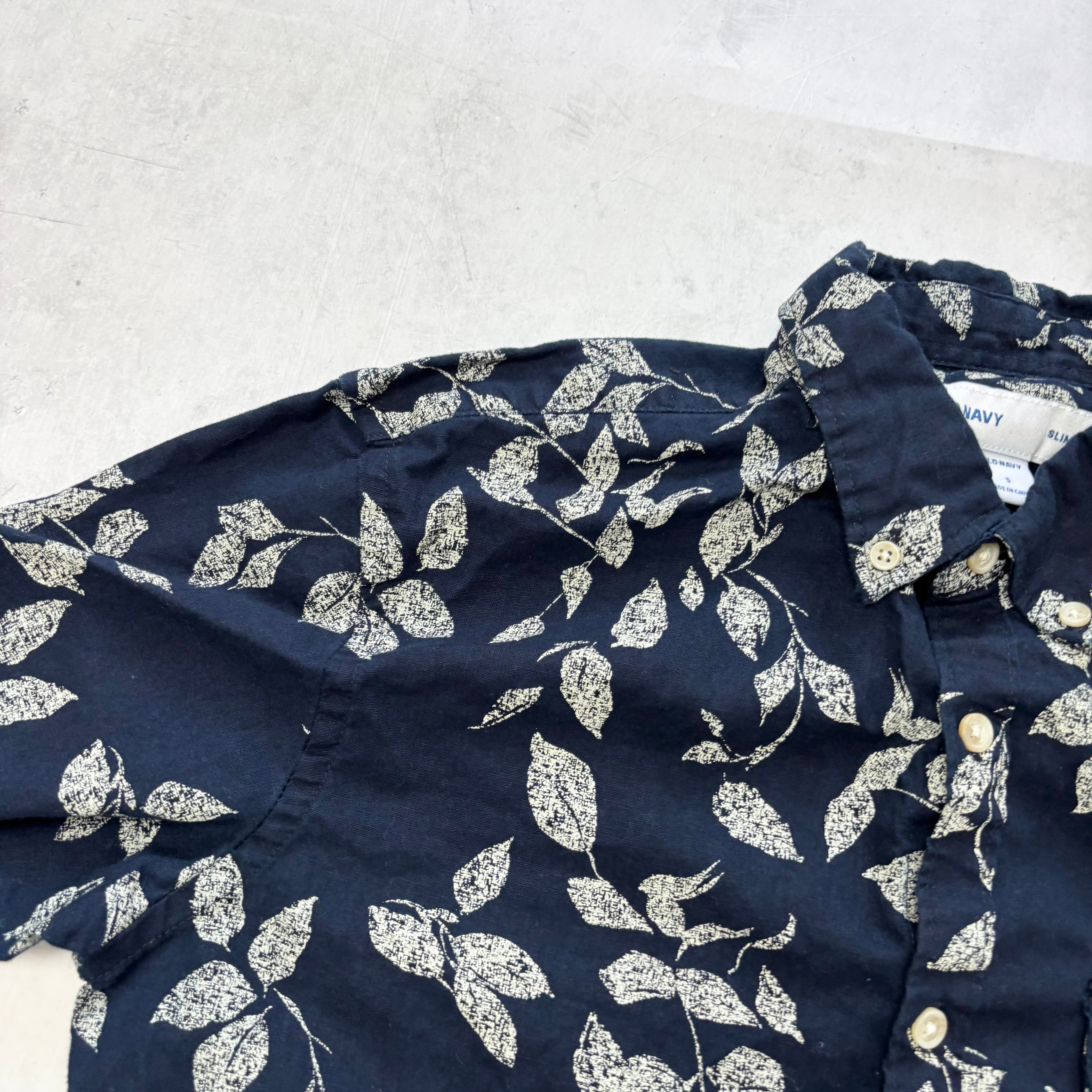 Old Navy Hawaiian Shirt Mens Small Navy Short Sleeve Slim Fit Linen (E)