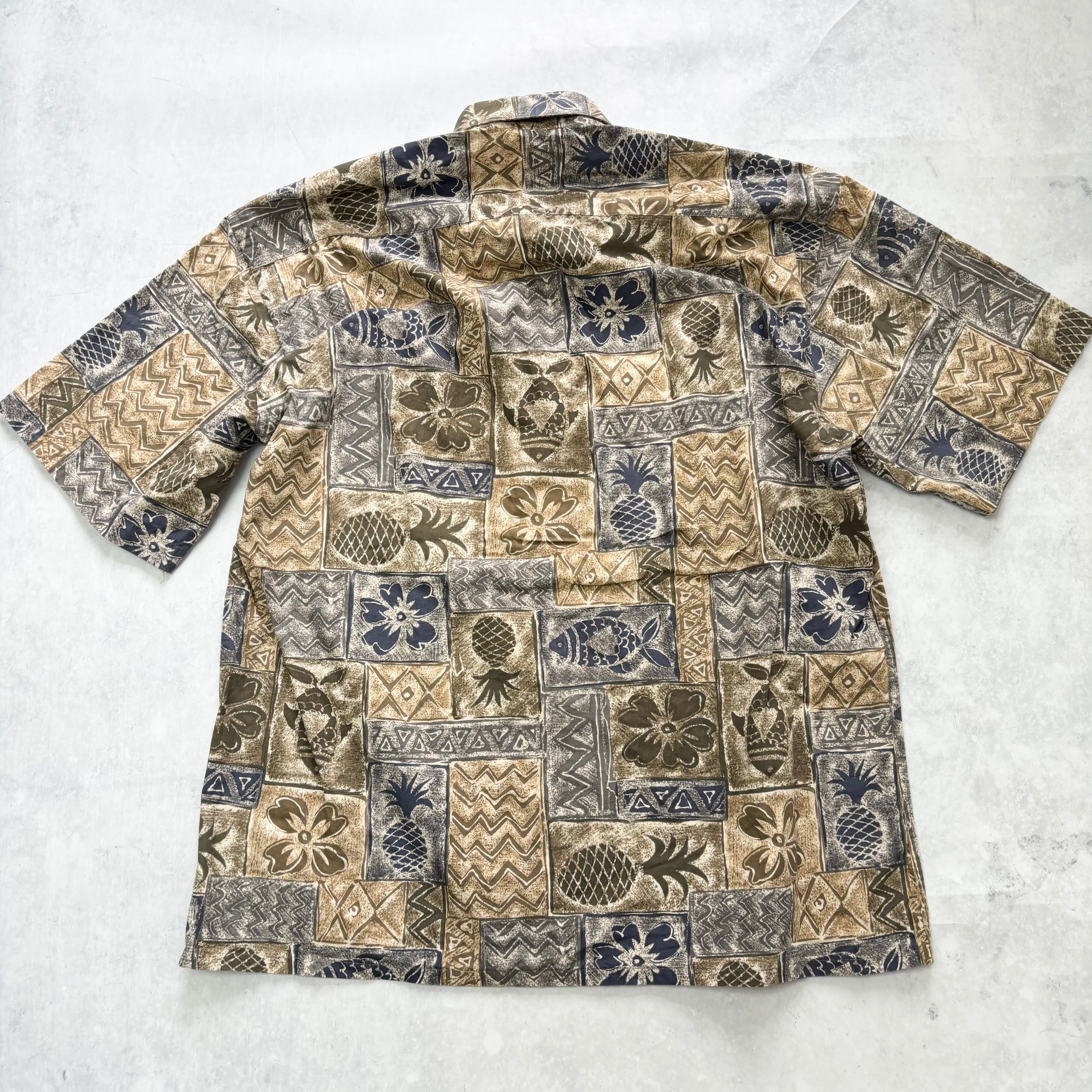 Vintage Hawaiian Shirt Mens Large Brown Floral Aloha Short Sleeve Cotton (E)