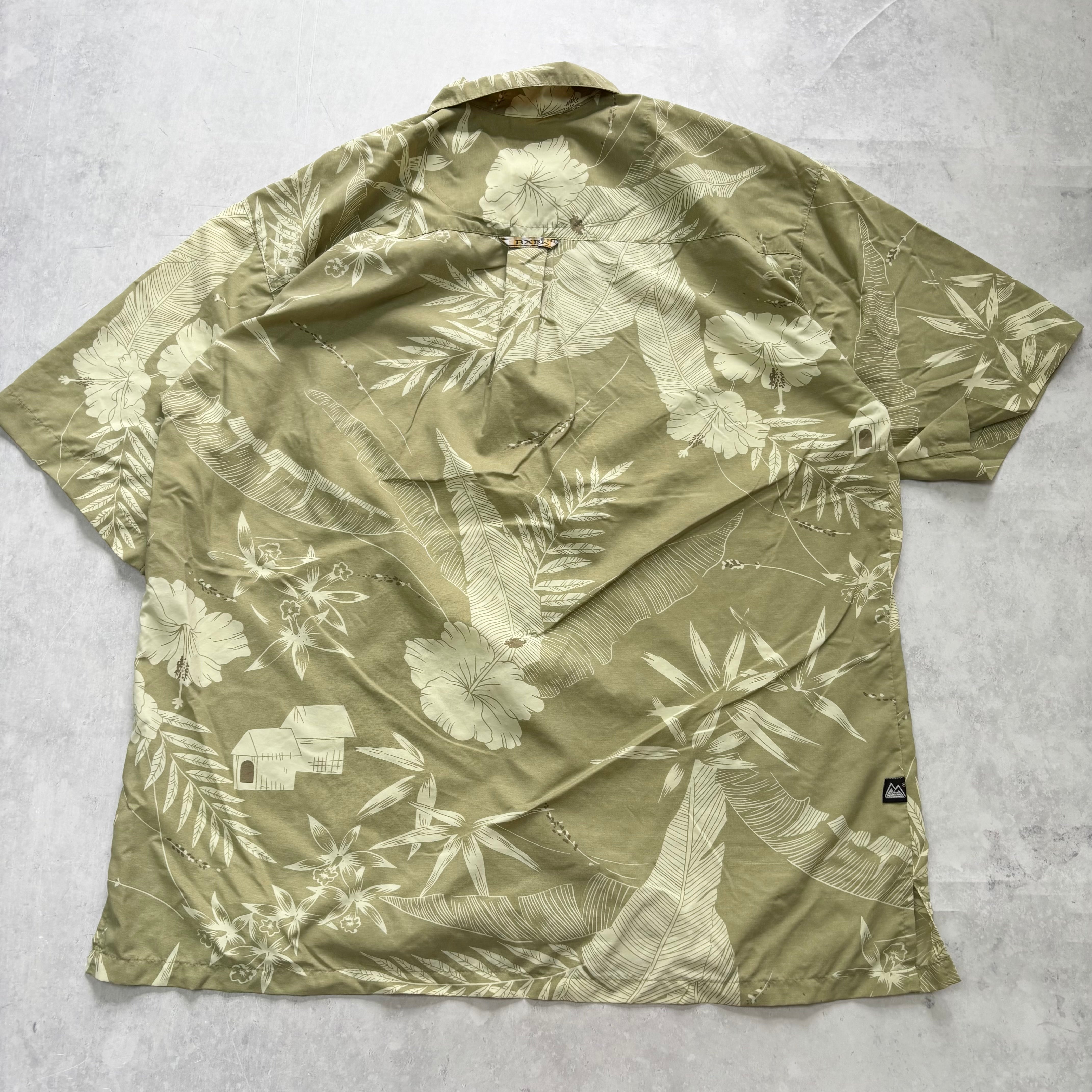 Vintage Hawaiian Shirt Mens Large Green Floral Aloha Short Sleeve Nylon (E)