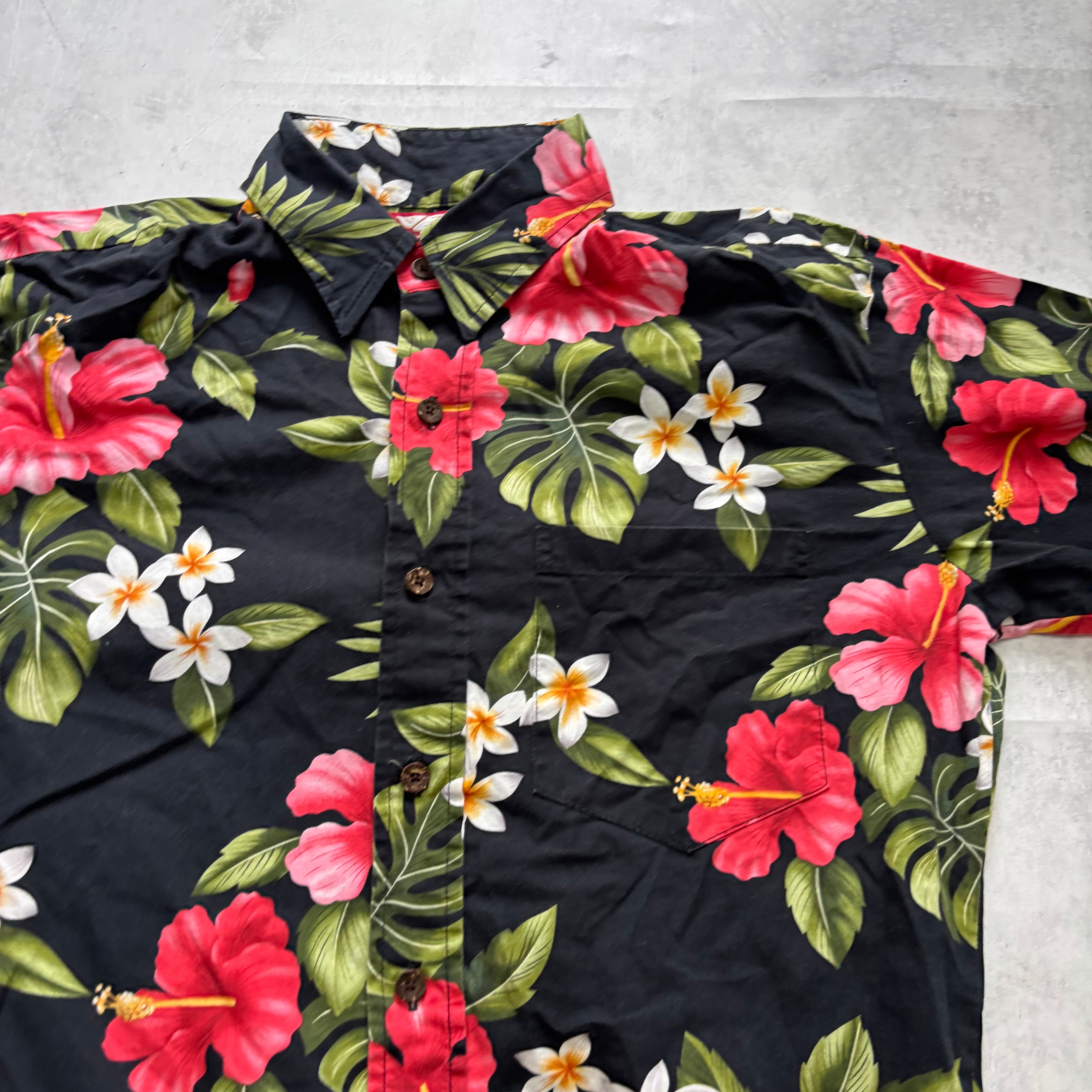 Vintage Hawaiian Shirt Womens Medium Black Floral Aloha Short Sleeve Cotton (E)