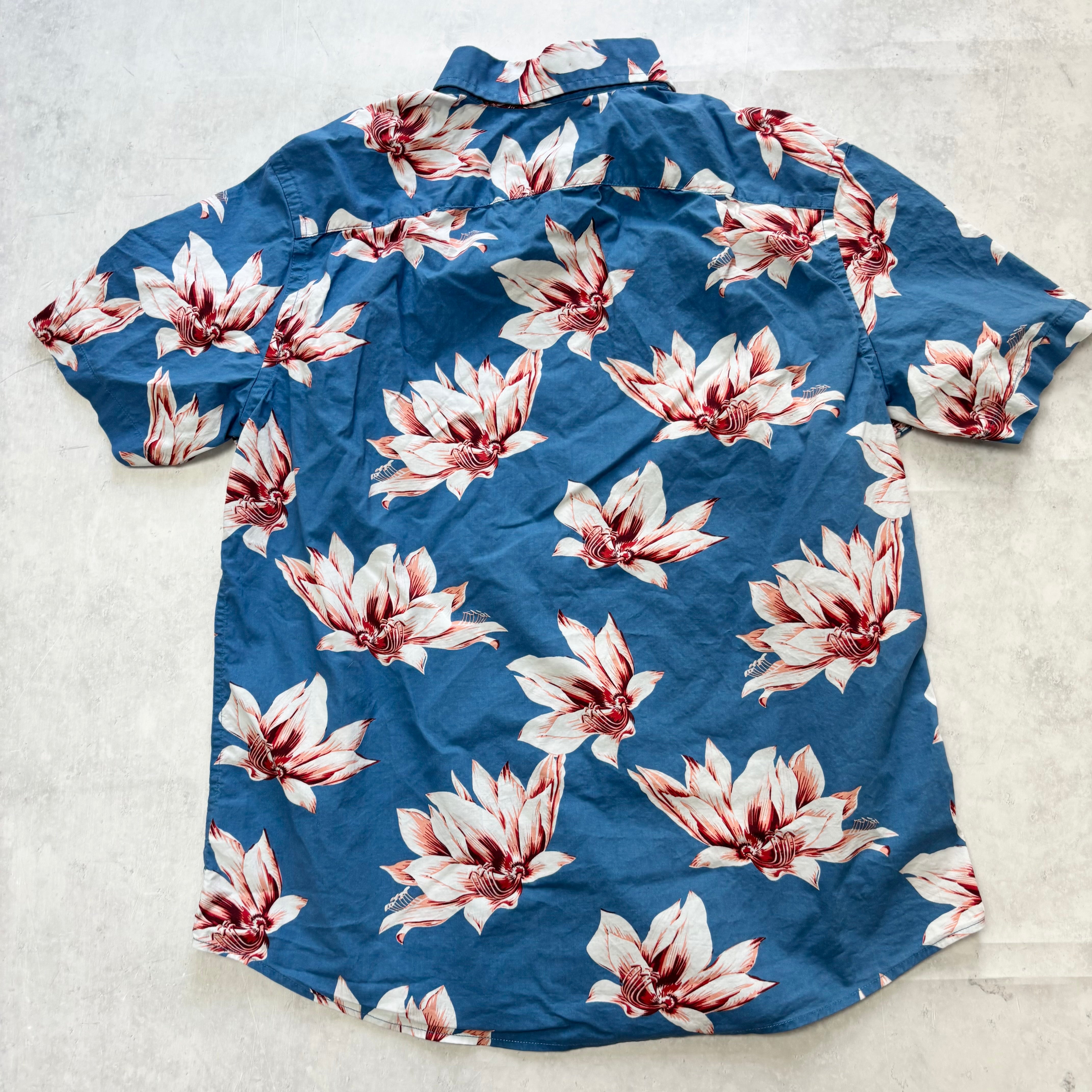 Hawaiian Shirt Mens Medium Blue Floral Short Sleeve Cotton Regular Fit (E)