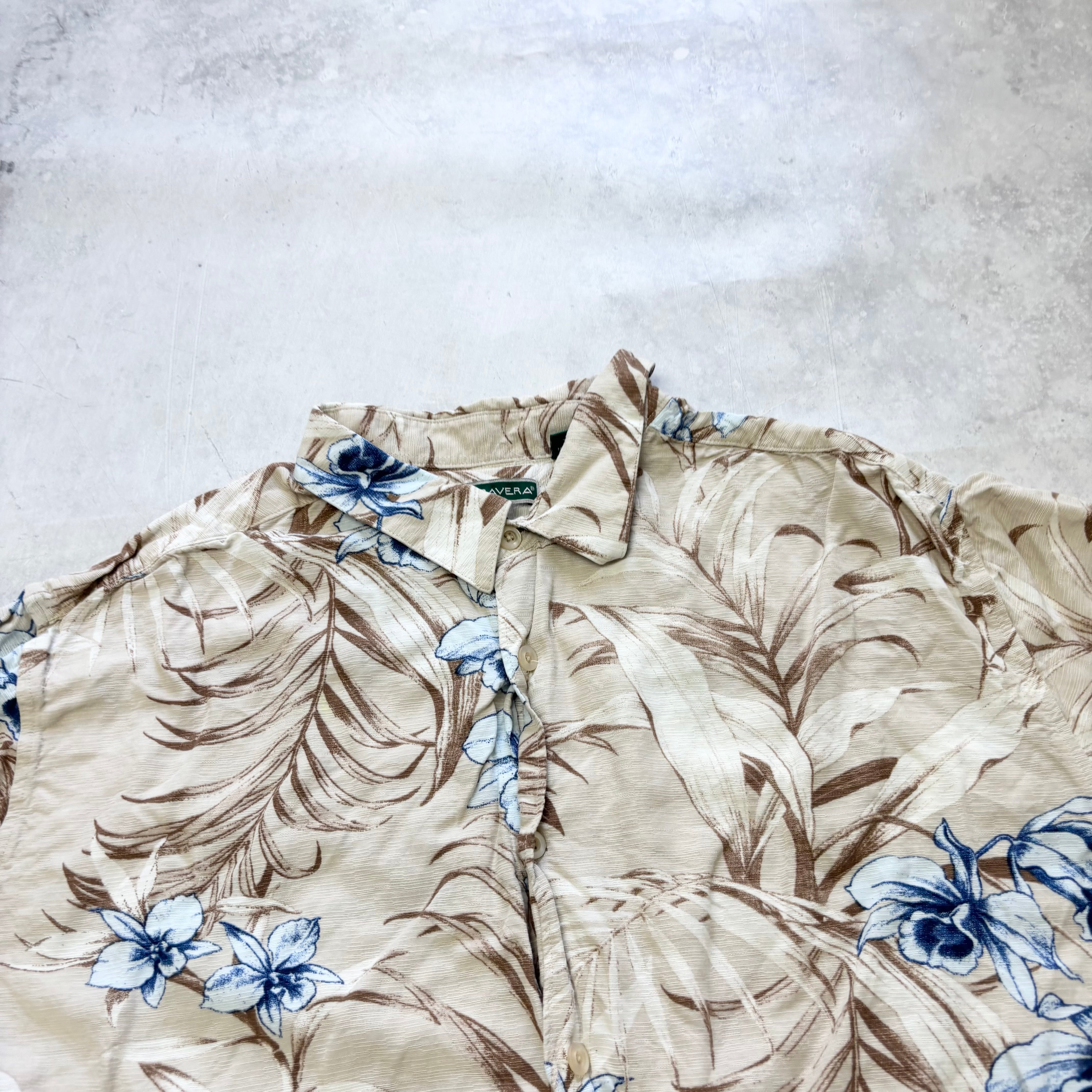 Vintage Hawaiian Shirt Mens XXL Beige Floral Aloha Short Sleeve Rayon (E)