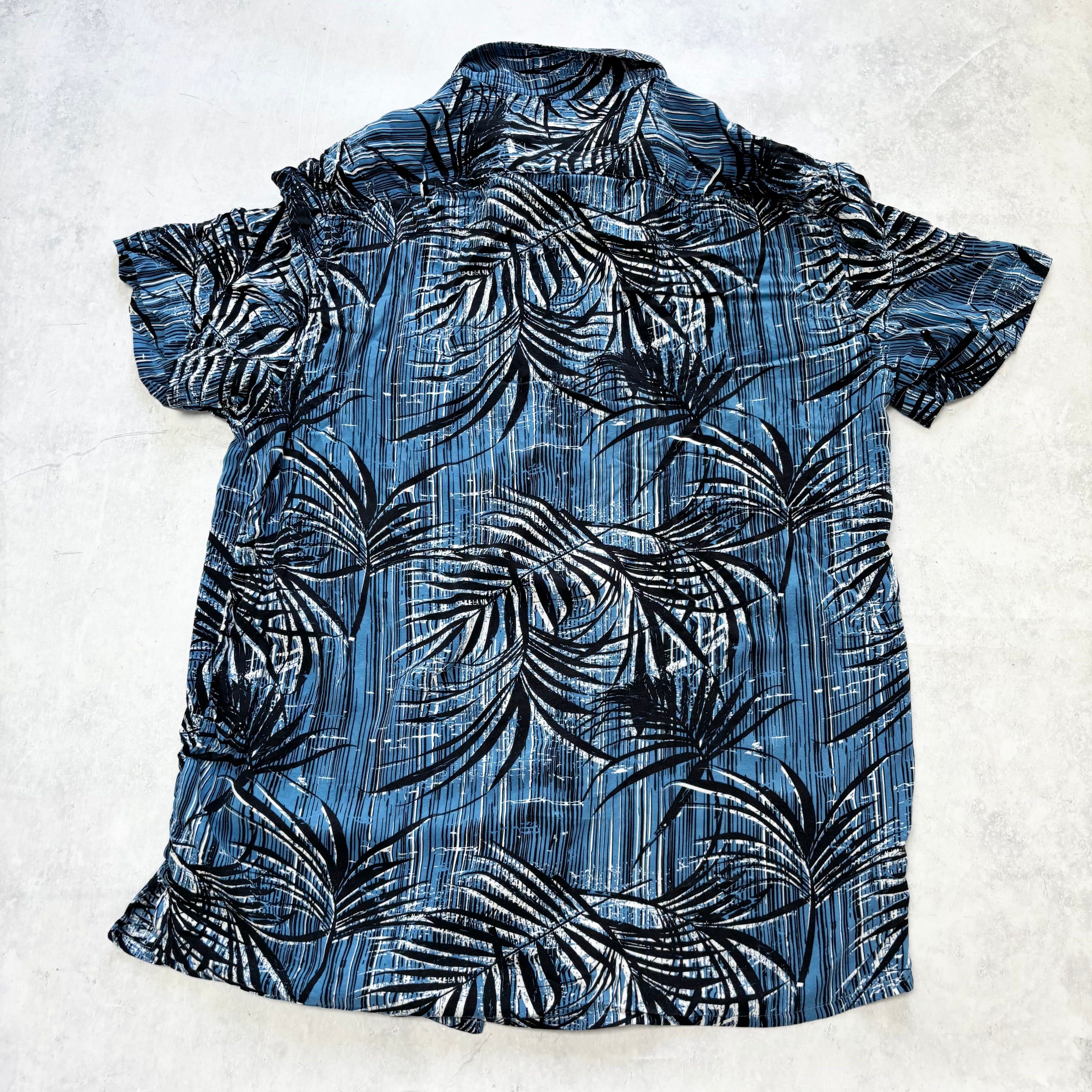 Hawaiian Shirt Mens Large Blue Floral Aloha Short Sleeve Viscose Slim Fit (E)