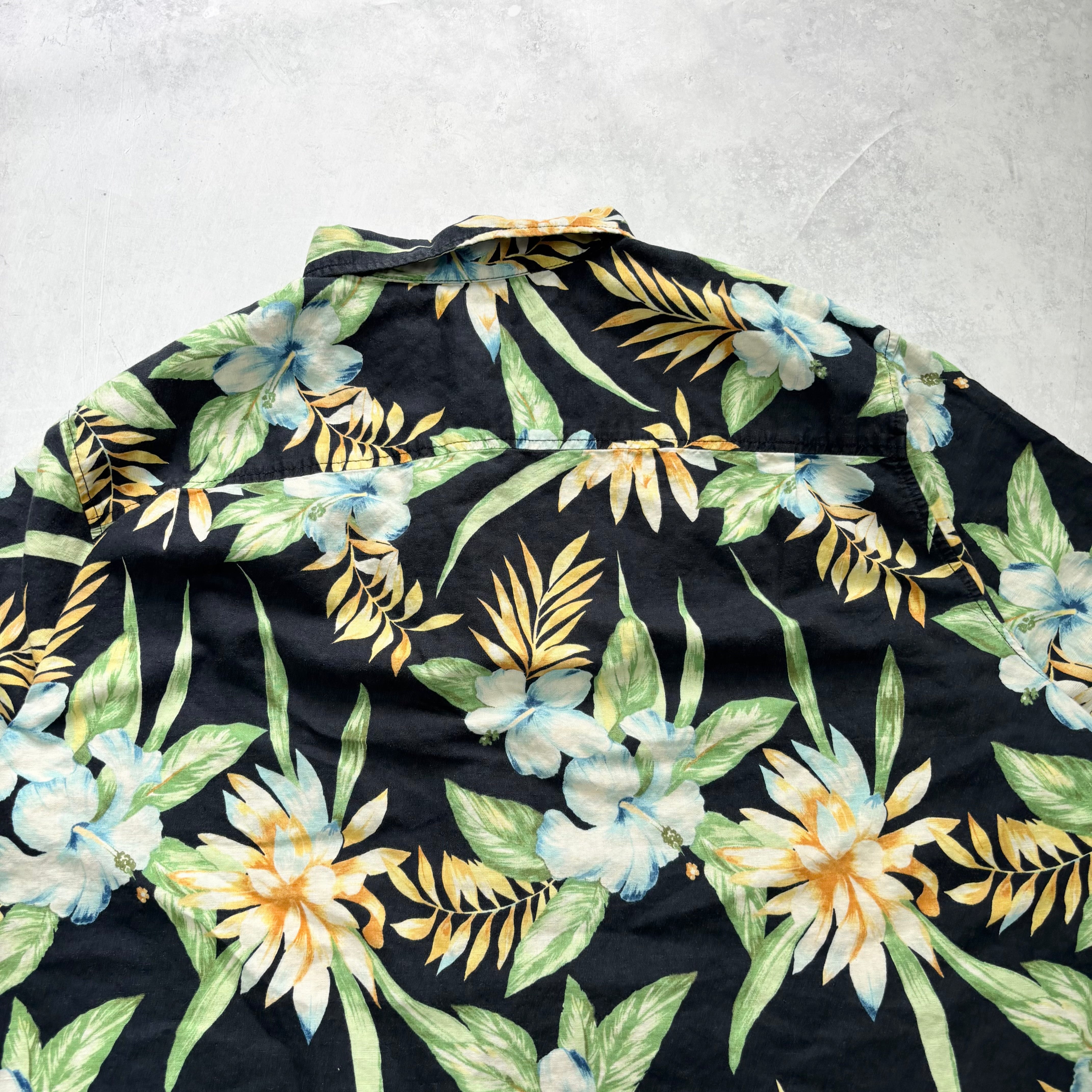 Vintage Hawaiian Shirt Mens 3XB 3XL Black Aloha Floral Short Sleeve Linen (E)