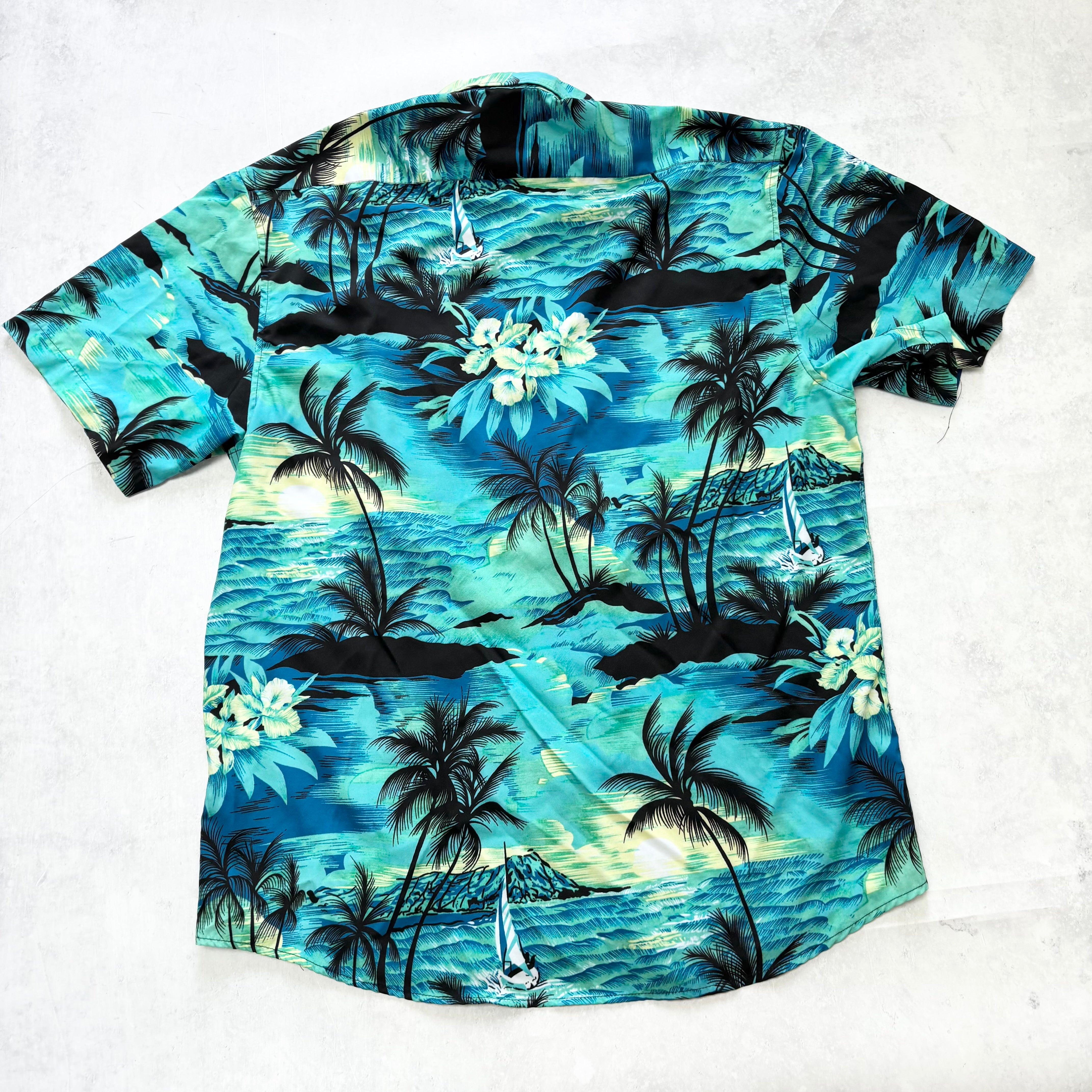Hawaiian Shirt Mens Large Blue Floral Aloha Short Sleeve Polyester (E)