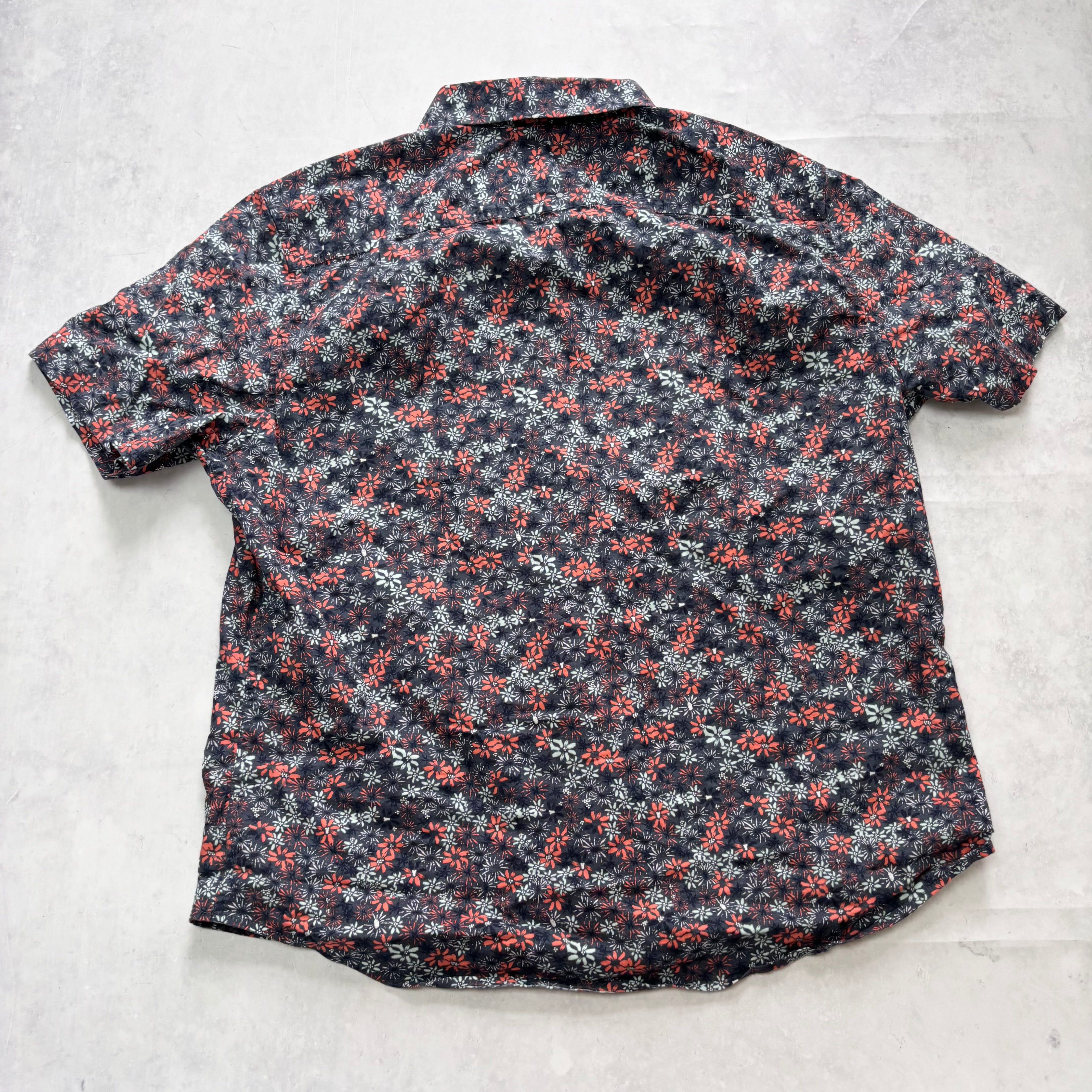 Hawaiian Shirt Mens XL Navy Floral Aloha Short Sleeve Cotton Slim Fit (E)