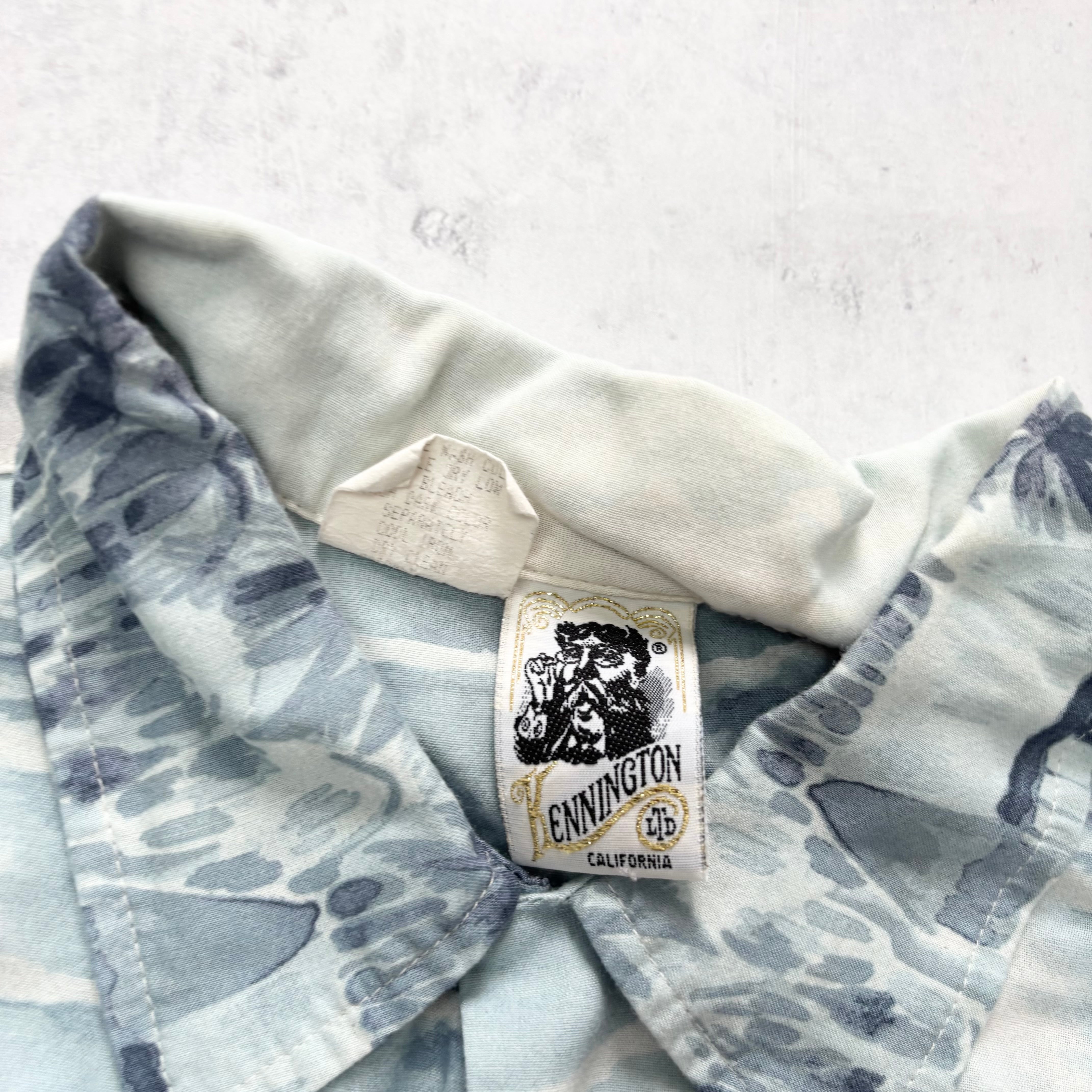 Vintage Hawaiian Shirt Mens XL Blue White Floral Aloha Short Sleeve Rayon (E)
