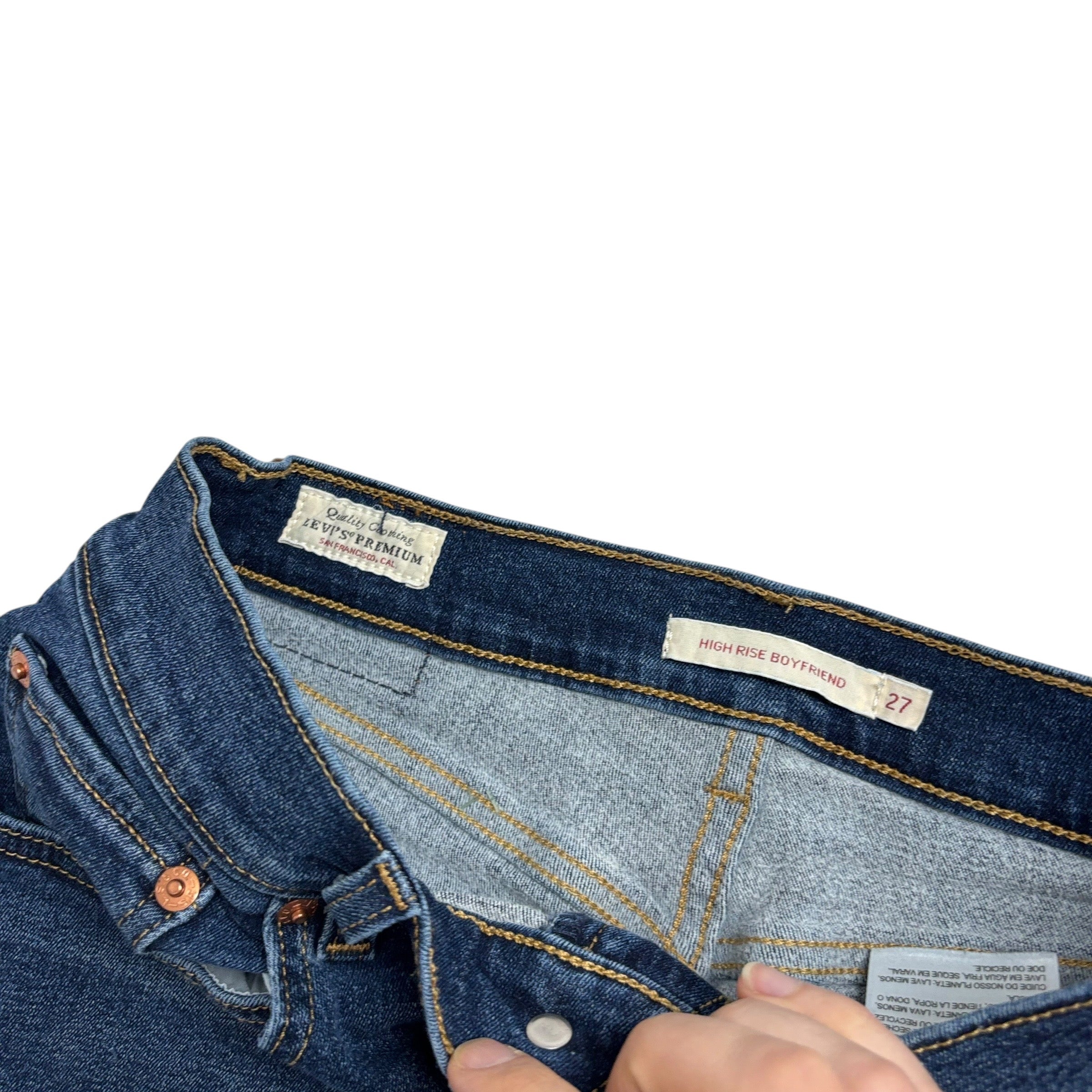 Levis Boyfriend Jeans W27 L27 Womens Mid Blue High Rise Distressed Stretch Denim