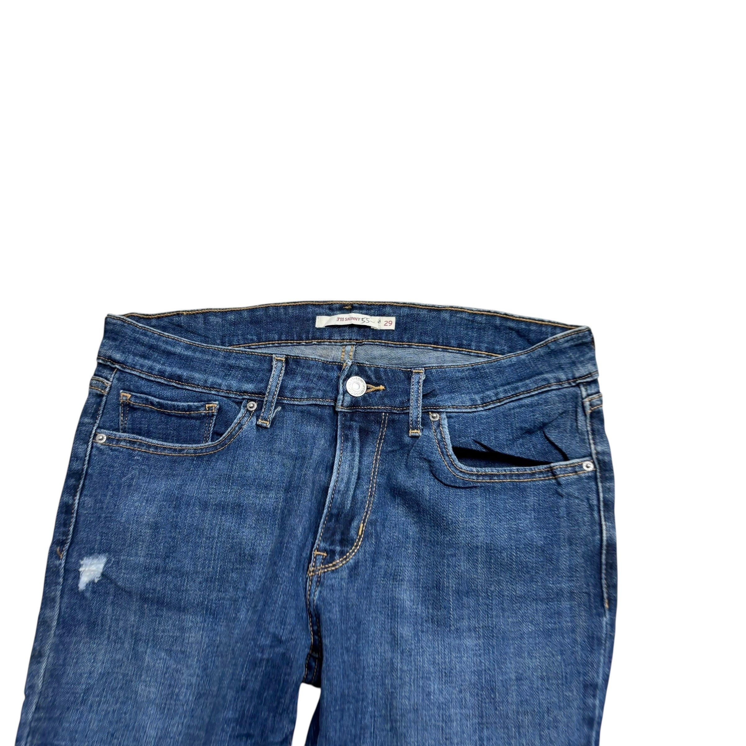 Levis 711 Jeans W29 L30 Womens Skinny Fit Dark Blue Stretch Distressed Denim (E)