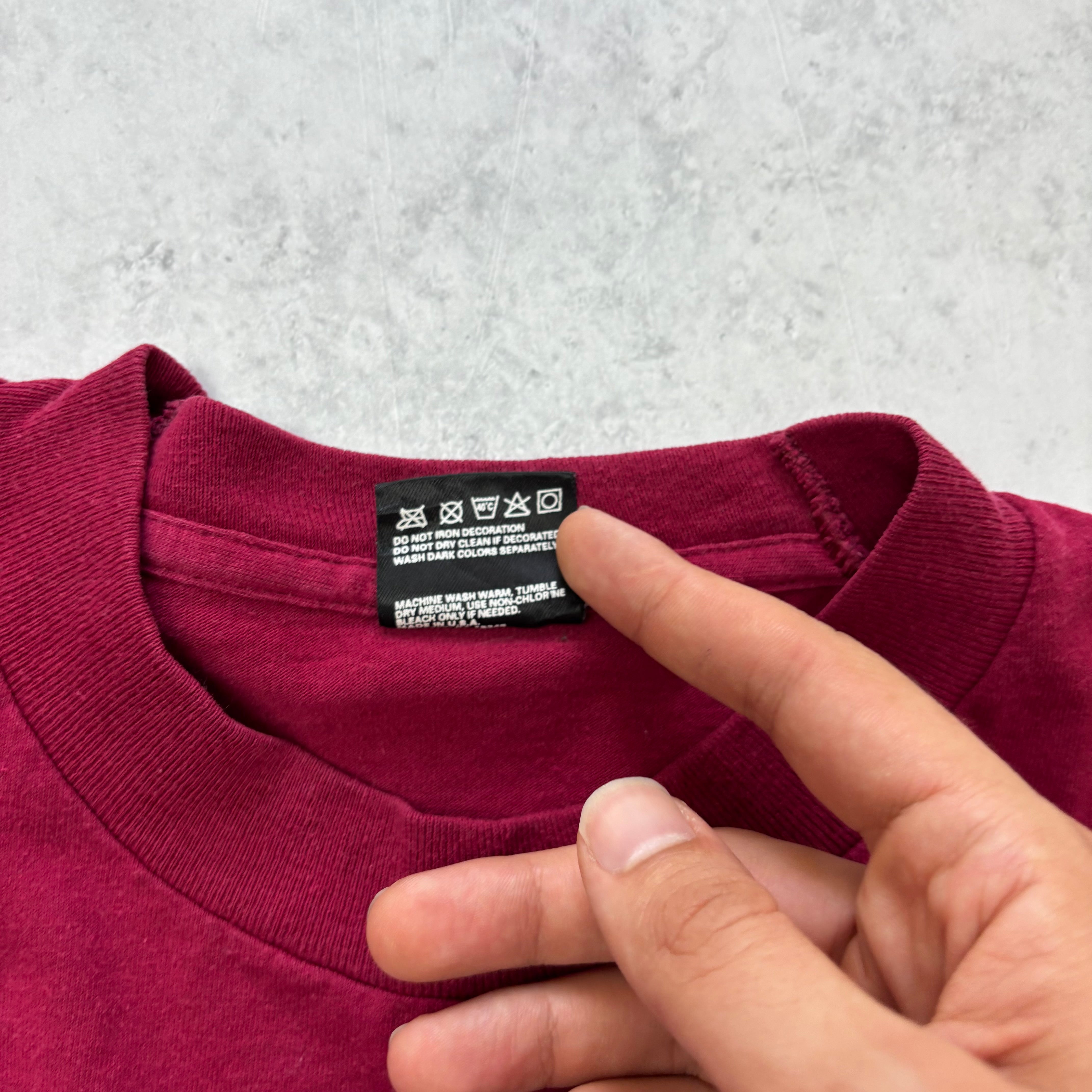 Vintage T Shirt Mens Large Burgundy Single Stitch Graphic Print 90s College (E)