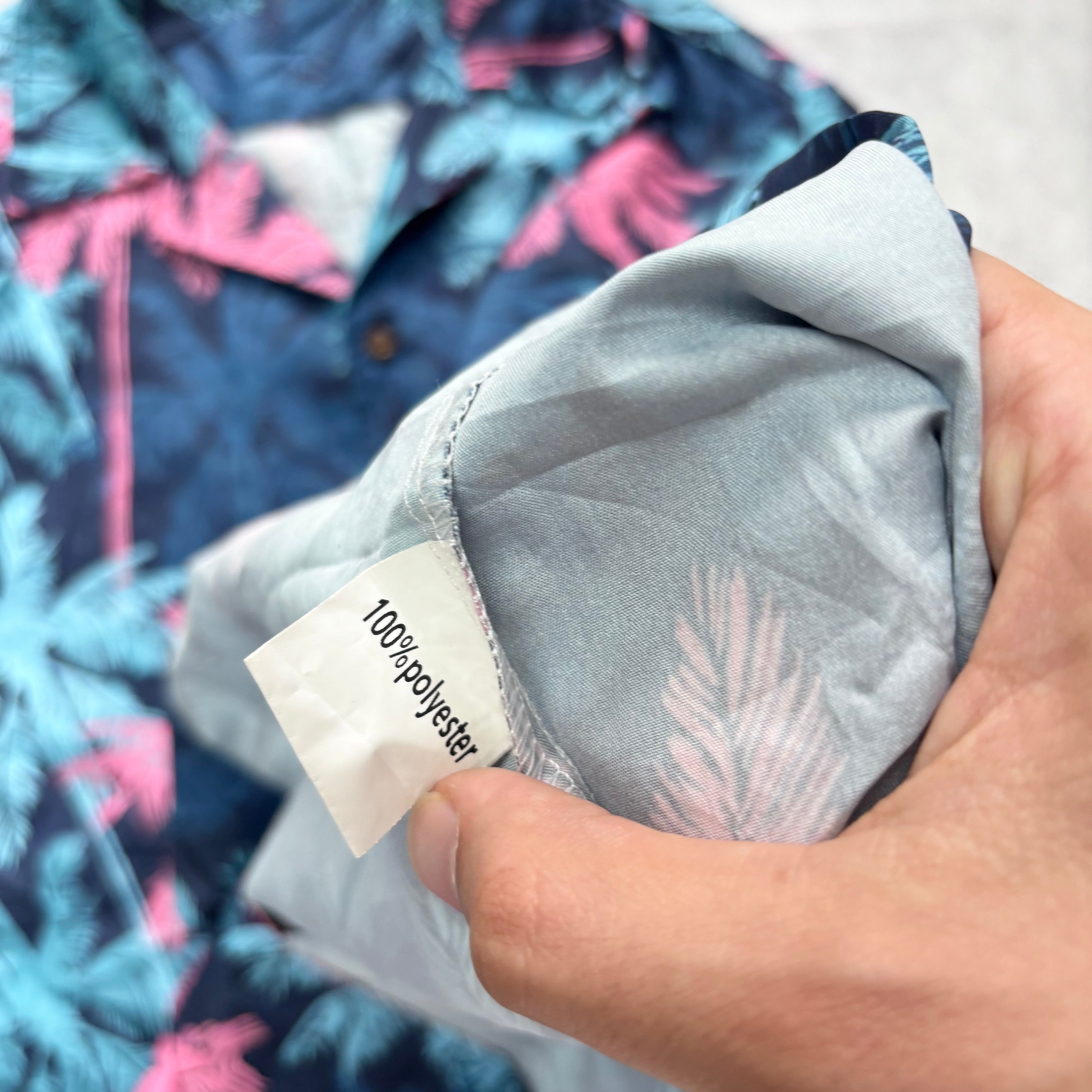 Hawaiian Shirt Mens XXL Blue Aloha Floral Short Sleeve Polyester (E)