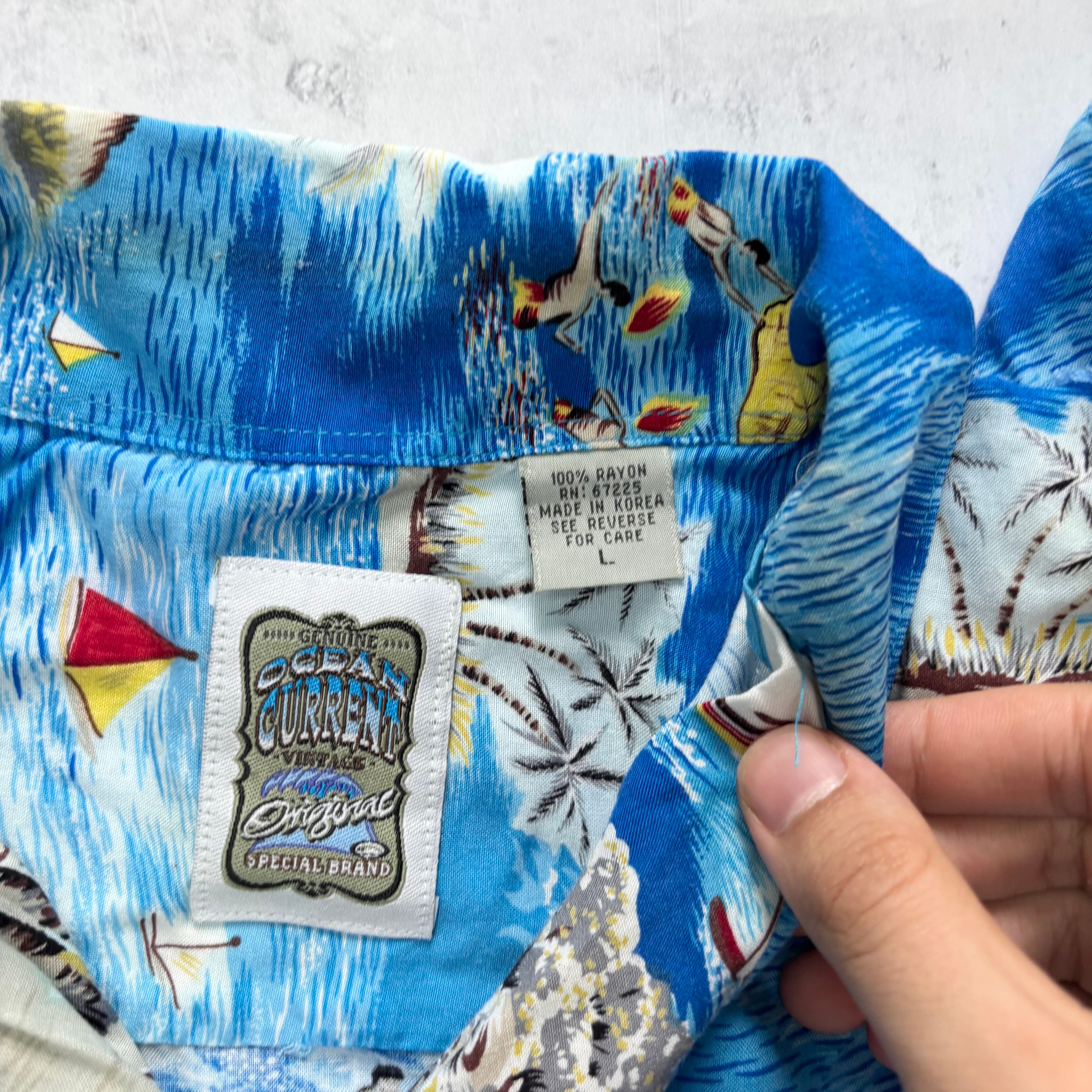Vintage Hawaiian Shirt Mens Large Blue Floral Aloha Short Sleeve Rayon (E)