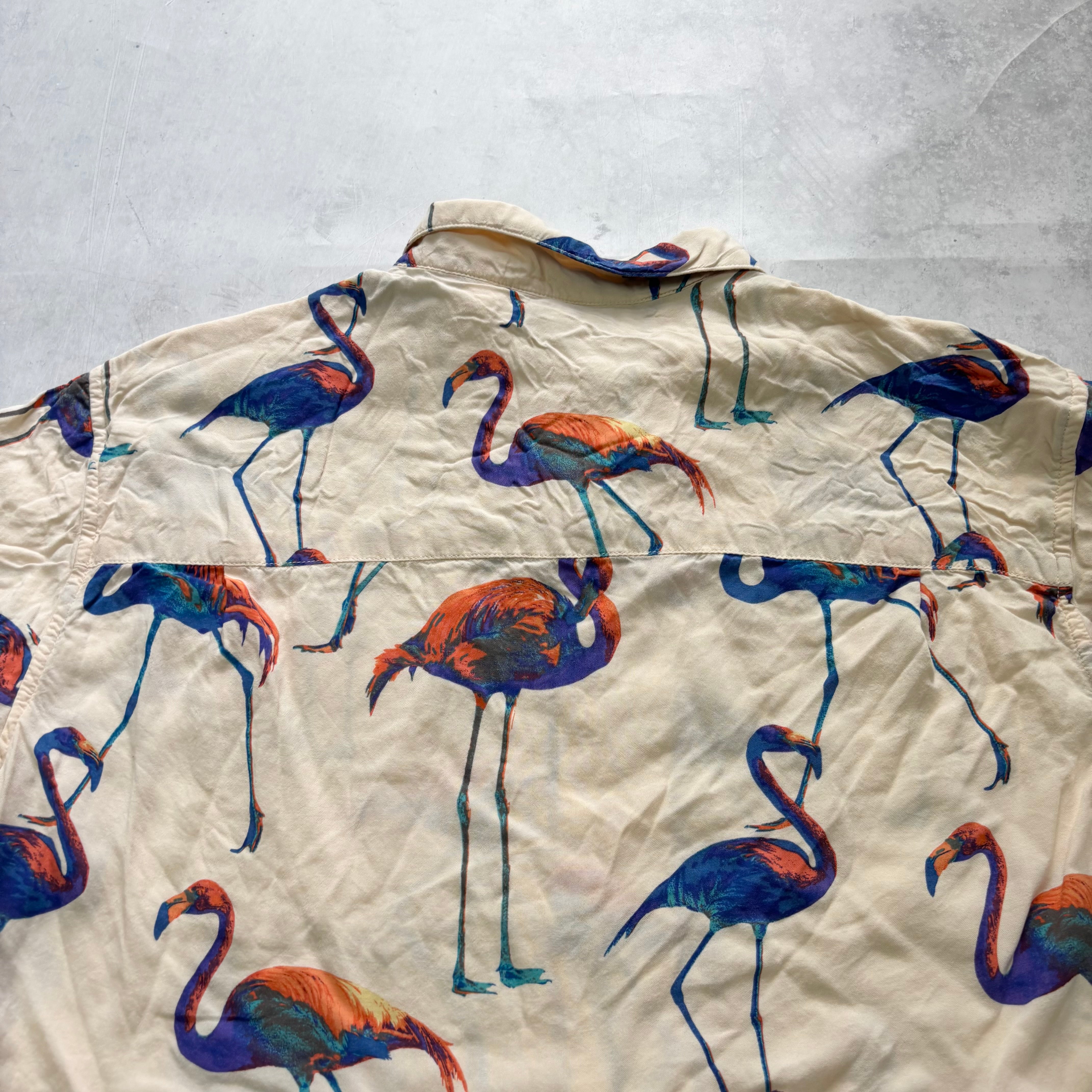 Arizona Jean Co. Shirt Mens Medium Cream Flamingos Short Sleeve Viscose (E)