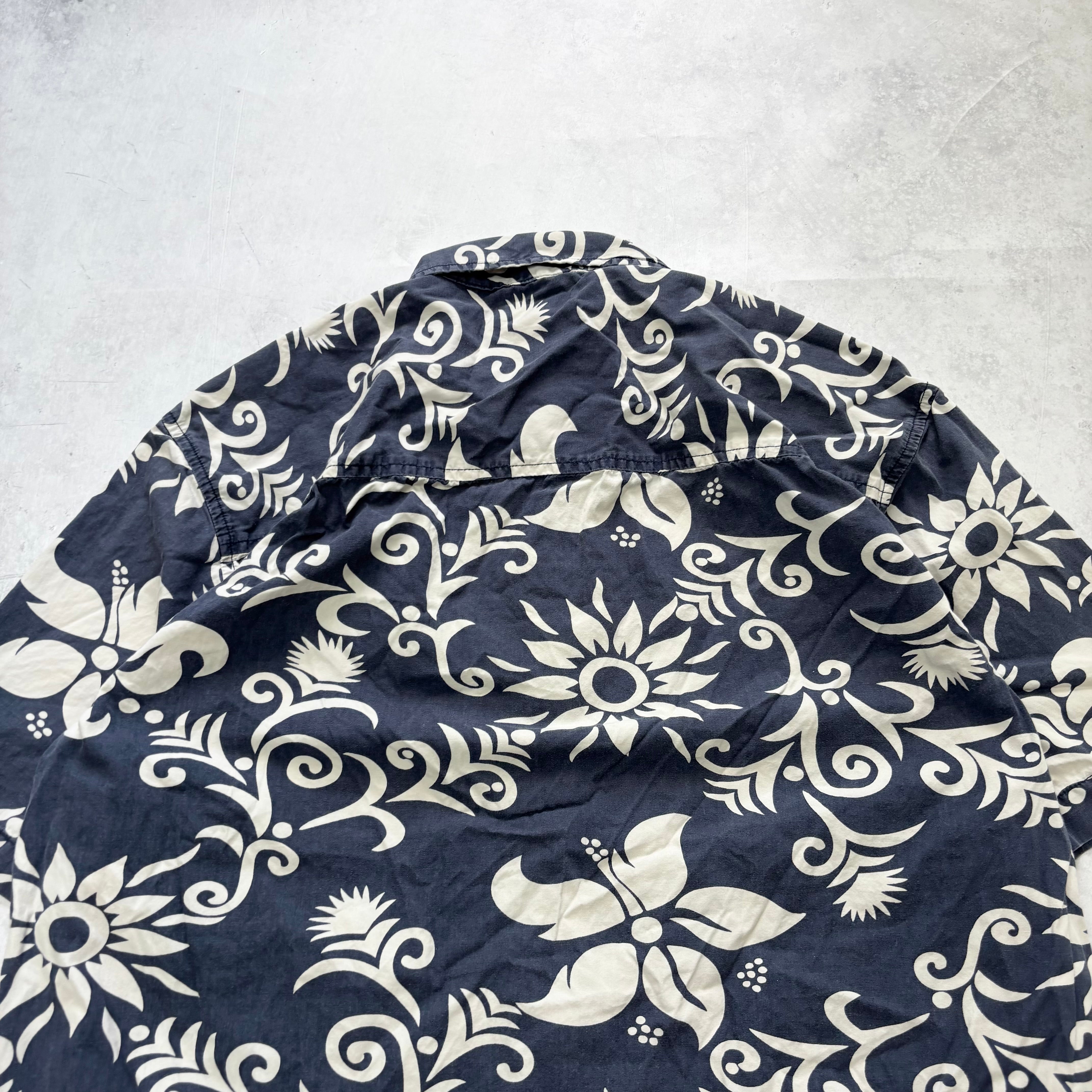 Vintage Hawaiian Shirt Mens Large Navy Floral Aloha Short Sleeve Cotton (E)