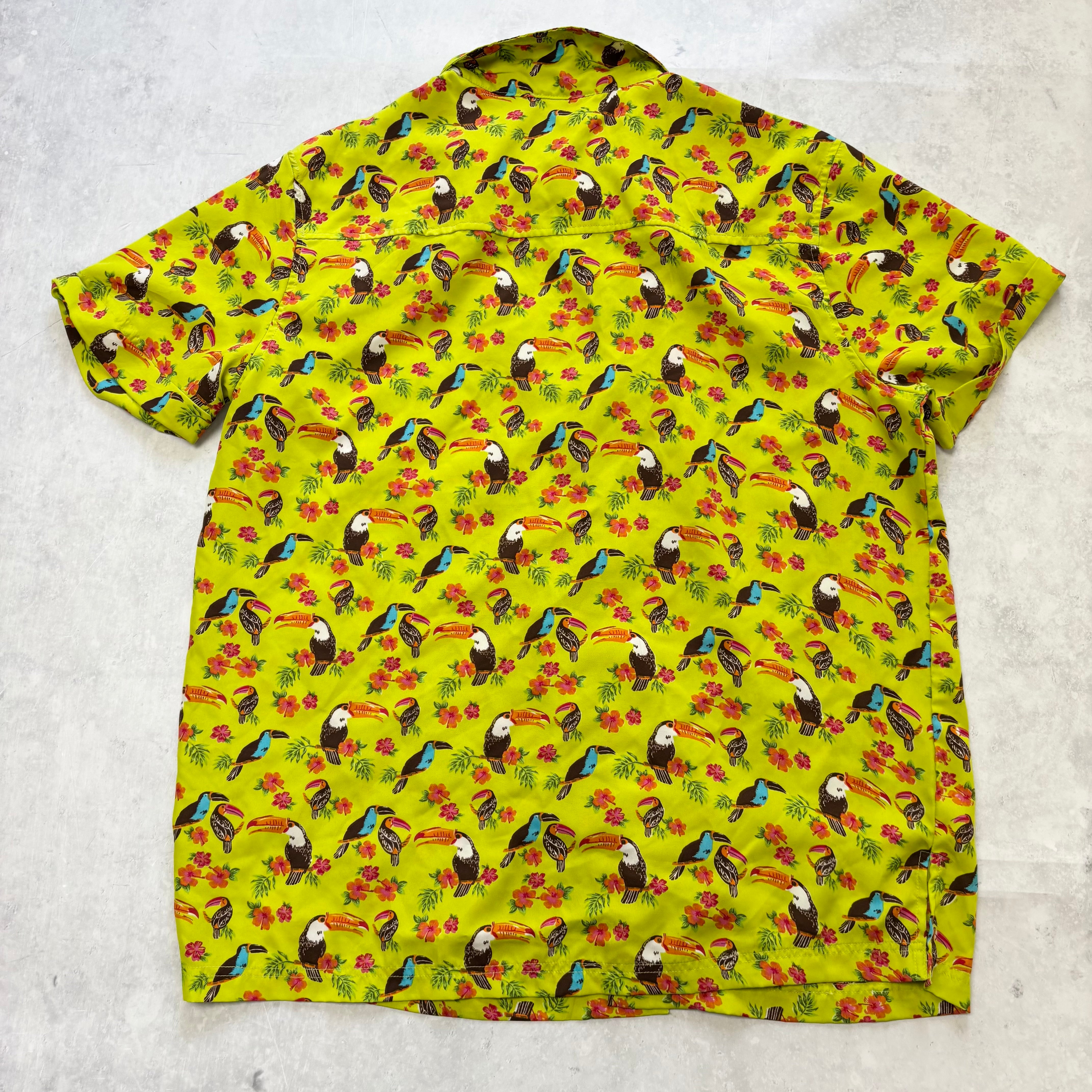 Hawaiian Shirt Mens Large Green Floral Short Sleeve Polyester Slim Fit (E)