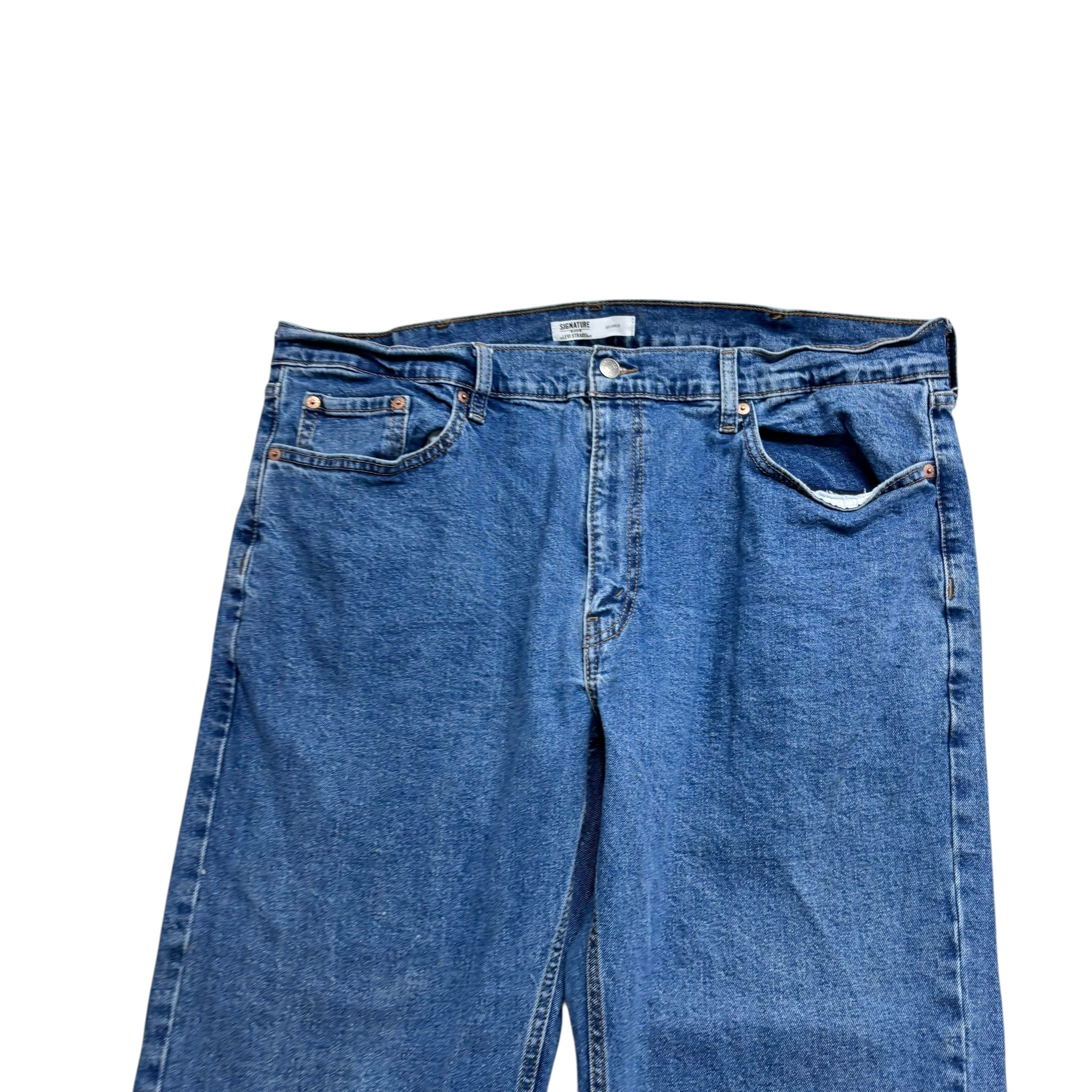 Levis Signature Jeans W42 L32 Mens Mid Blue Relaxed Straight Stretch Denim (E)