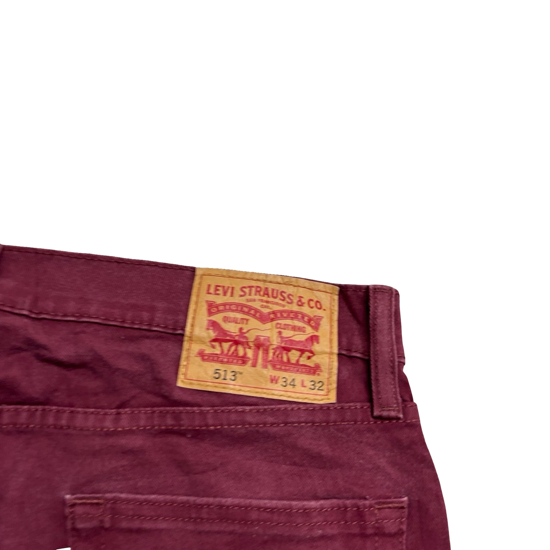 Levis 513 Jeans W34 L32 Mens Burgundy Slim Straight Fit Stretch Denim (E)