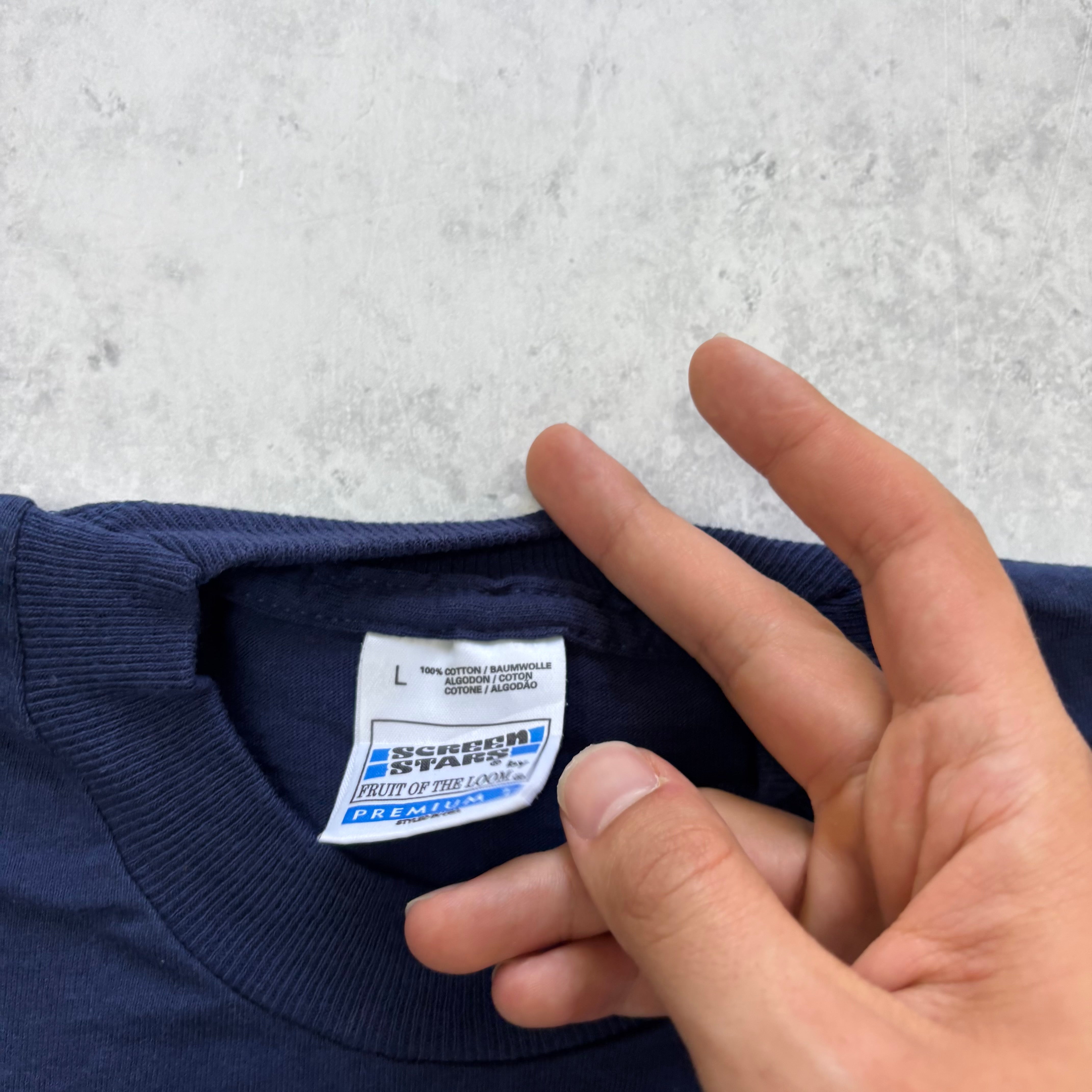 Vintage T Shirt Mens Medium Navy Blue Single Stitch Graphic Print 90s (E)