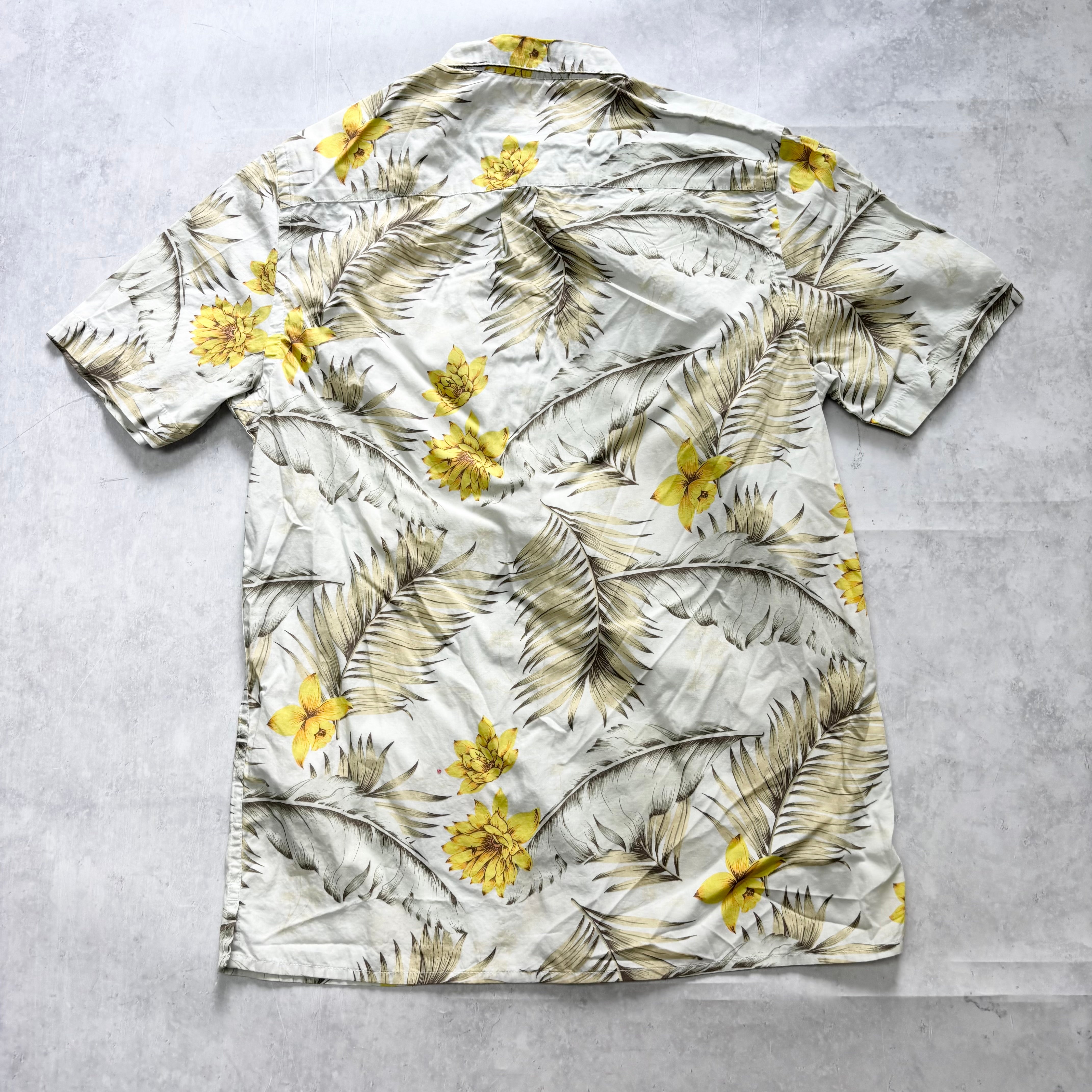 River Island Hawaiian Shirt Mens Small Yellow Floral Aloha Short Sleeve Rayon (E)