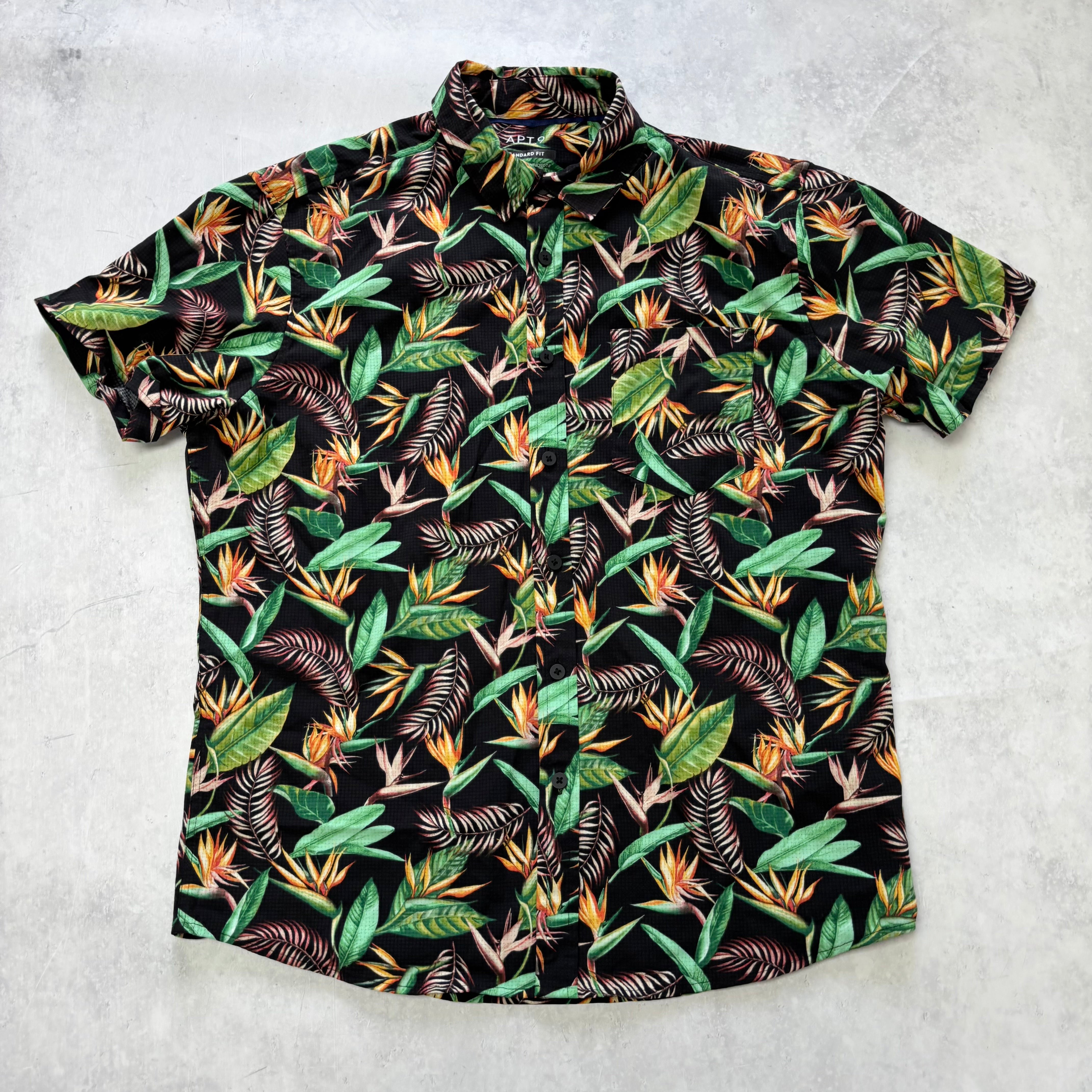 Hawaiian Shirt Mens Medium Black Floral Aloha Polyester Slim Fit (E)