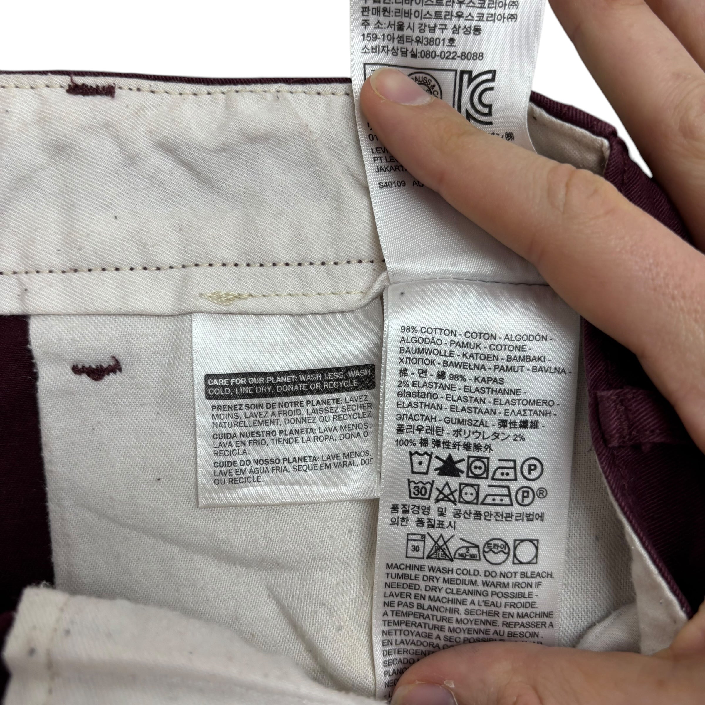 Levis Trousers W36 L30 Mens Burgundy Regular Taper Fit Stretch Cotton Pants (E)