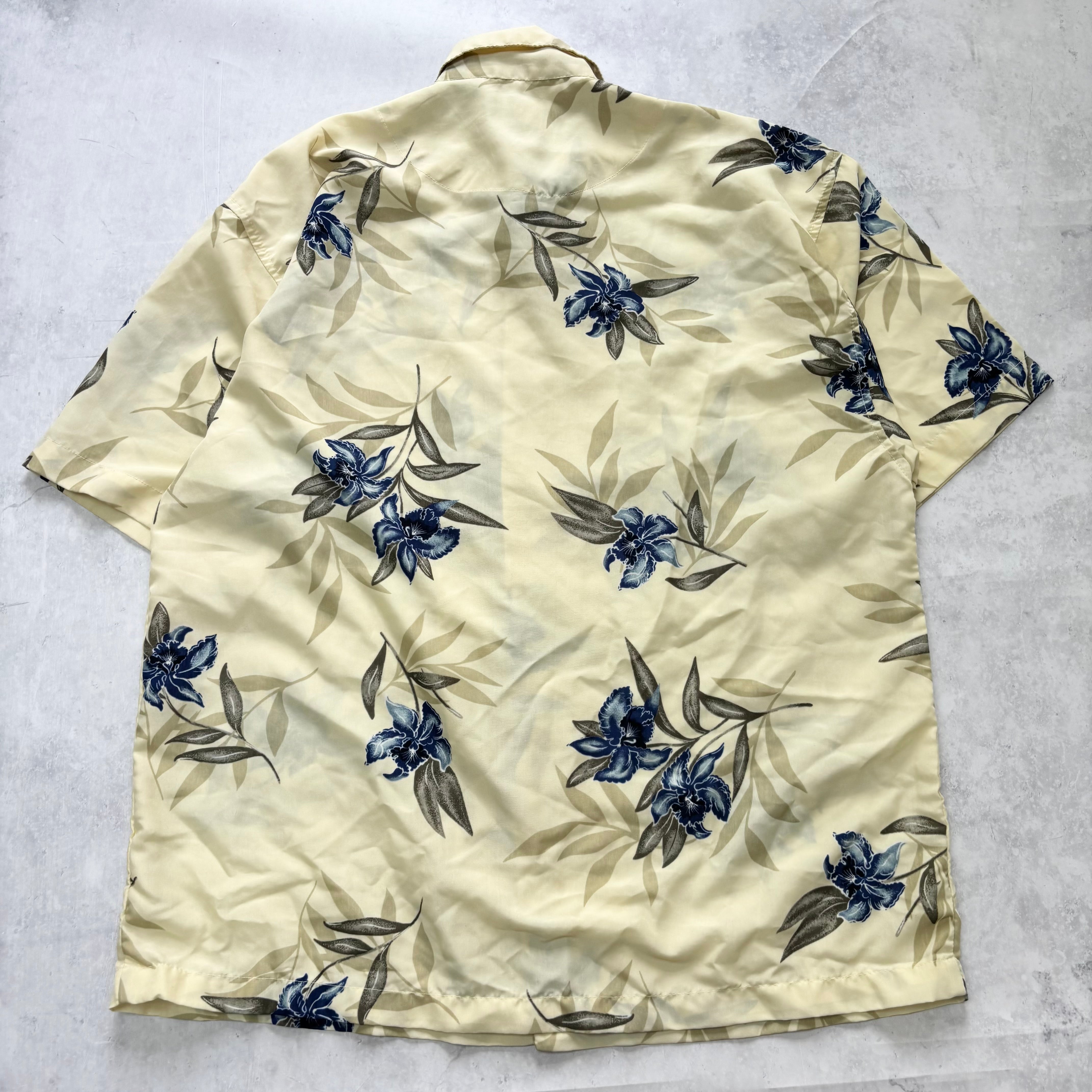 Hawaiian Shirt Mens Large Yellow Floral Aloha Short Sleeve Polyester