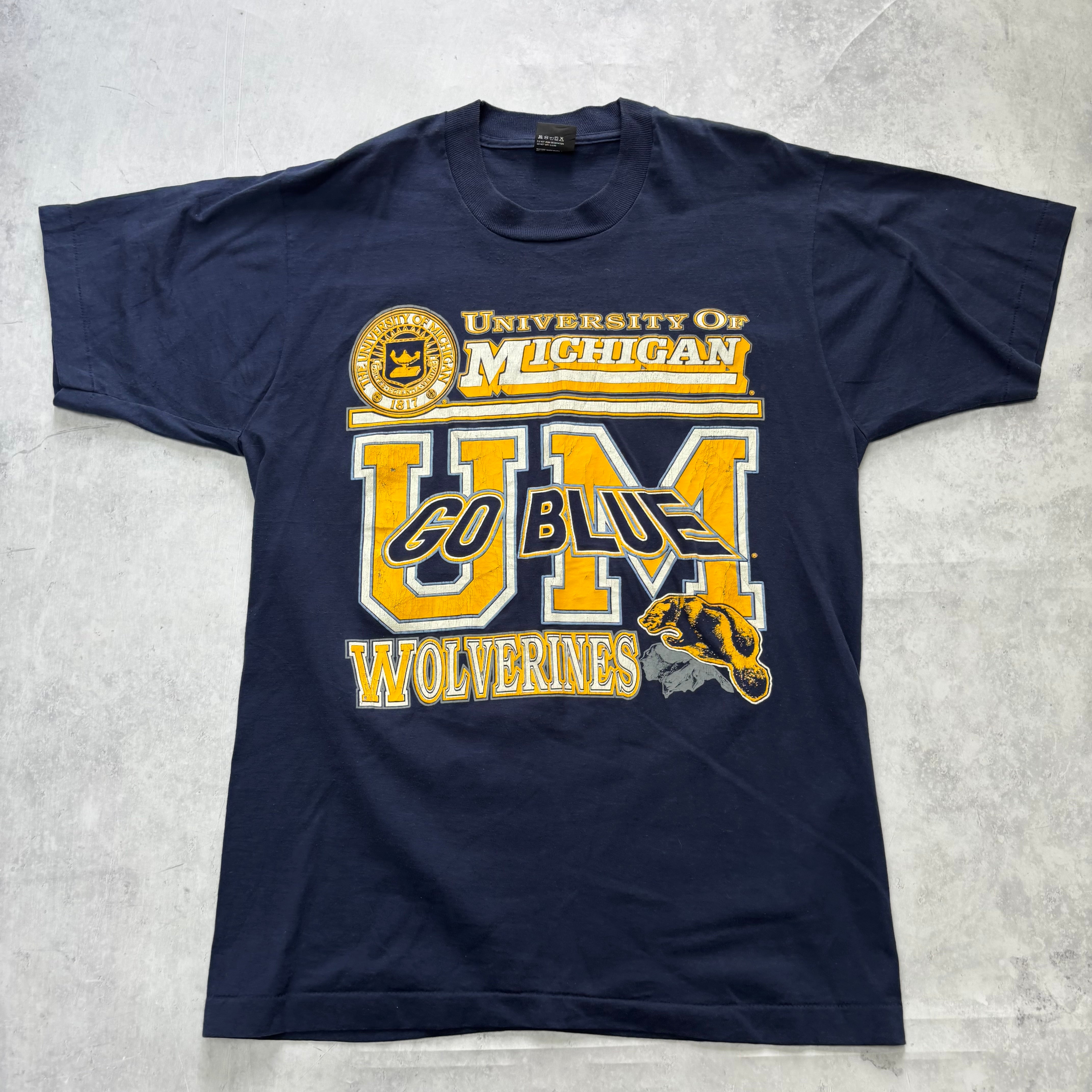 Vintage T Shirt Mens Medium Navy Blue Single Stitch Graphic Print College (E)