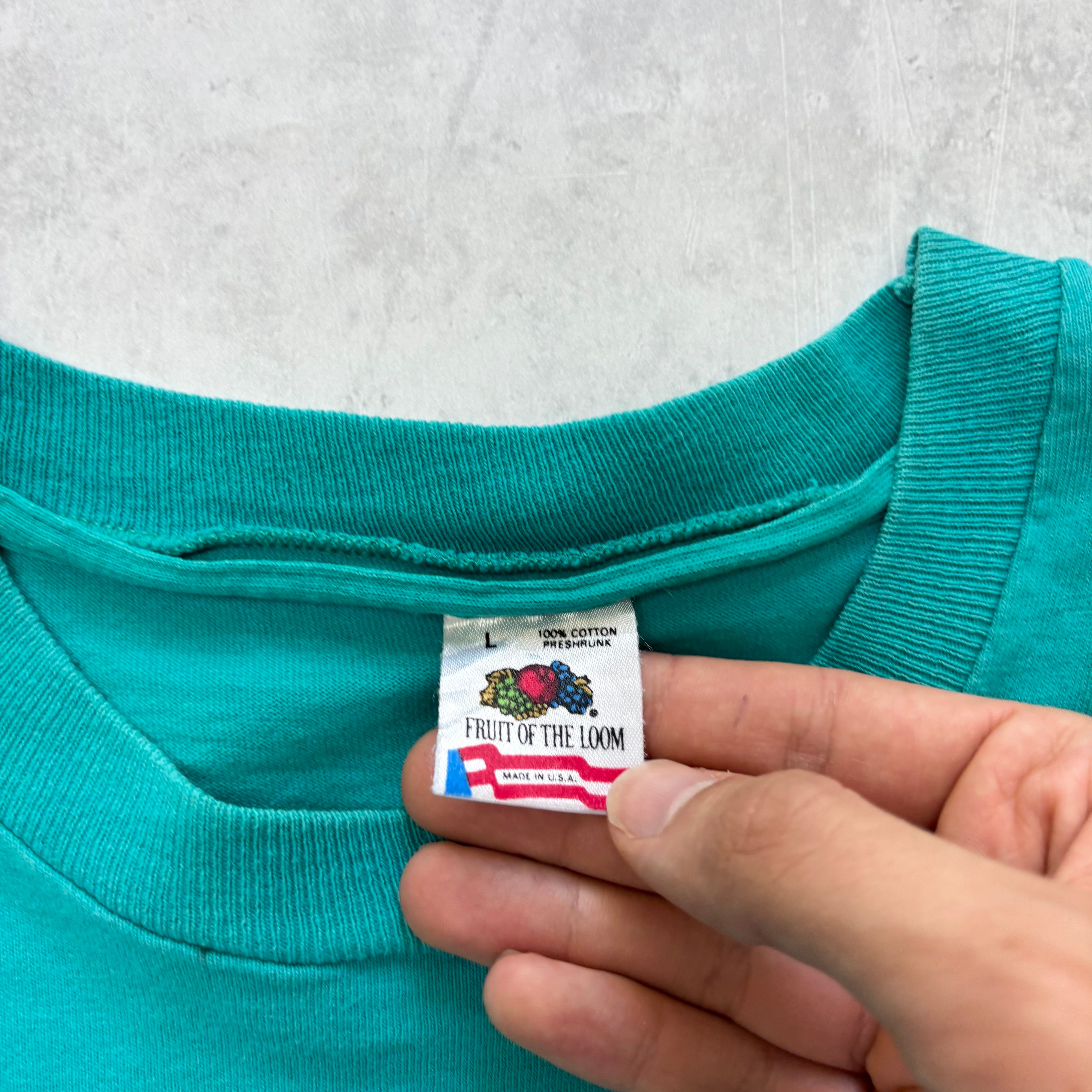 Vintage T Shirt Mens Medium Turquoise Blue Single Stitch Graphic Print 90s (E)