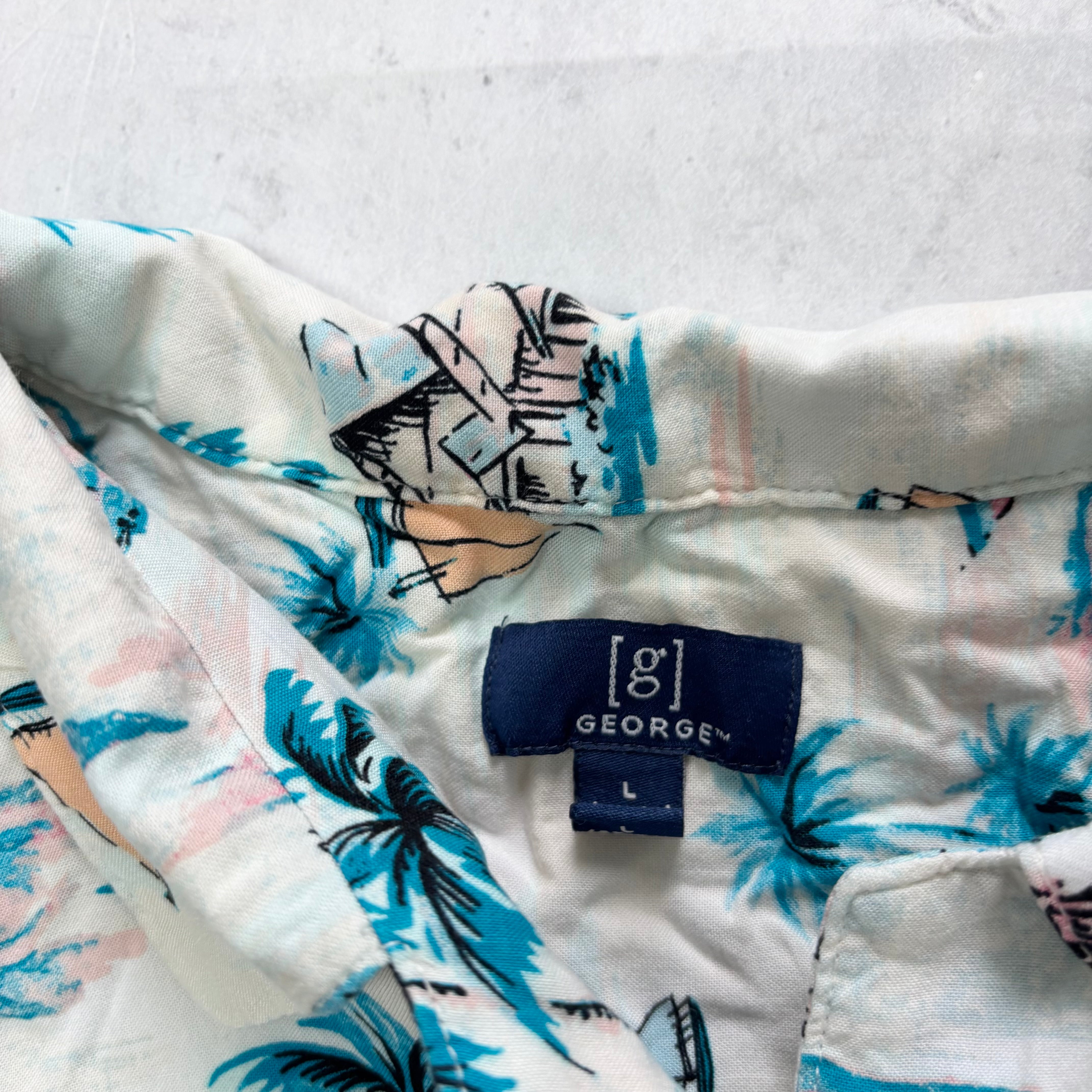 Hawaiian Shirt Mens Large White Floral Aloha Short Sleeve Rayon (E)