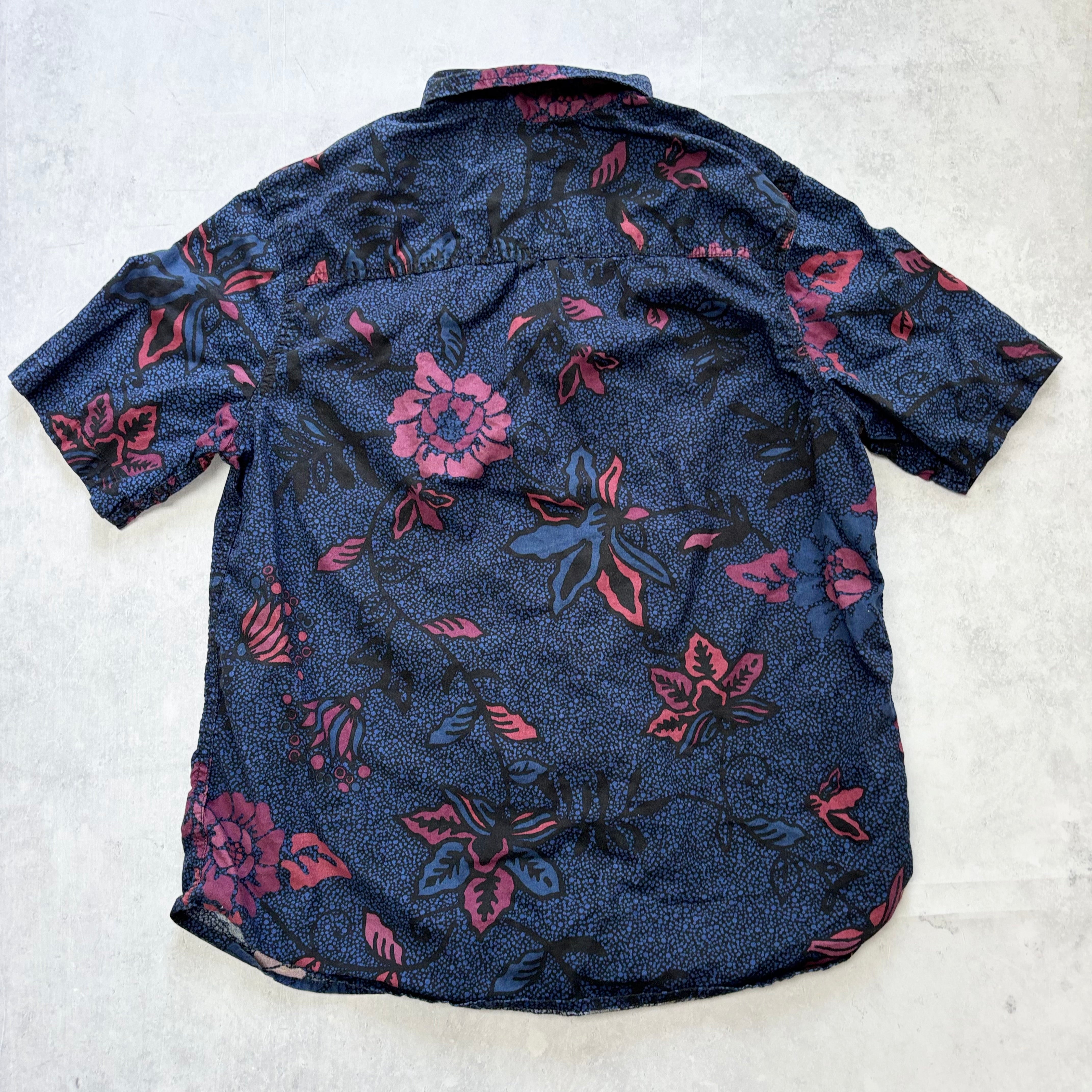 Hawaiian Shirt Mens Large Blue Floral Aloha Short Sleeve Cotton (E)