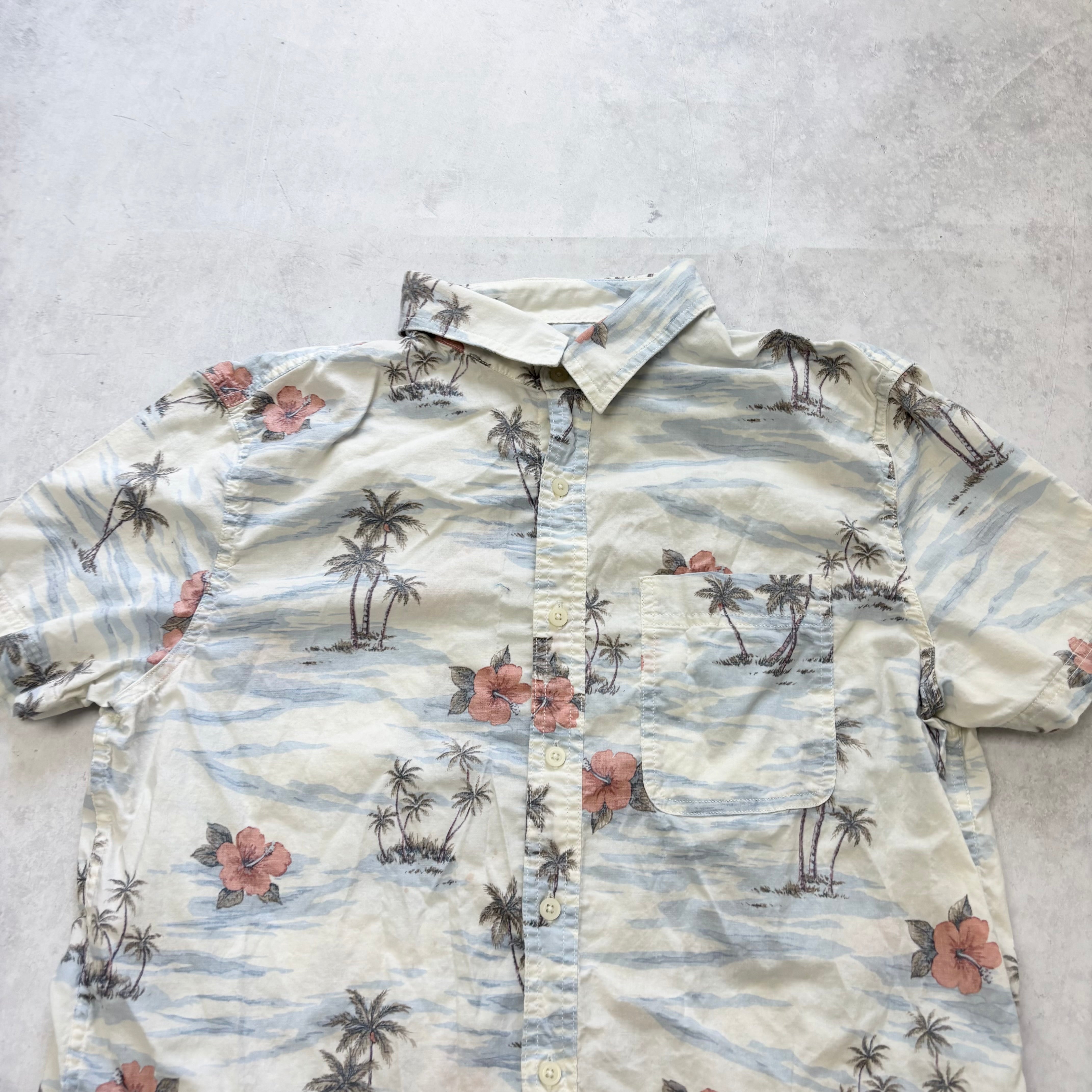 American Eagle Hawaiian Shirt Mens Large White Short Sleeve Cotton Slim Fit