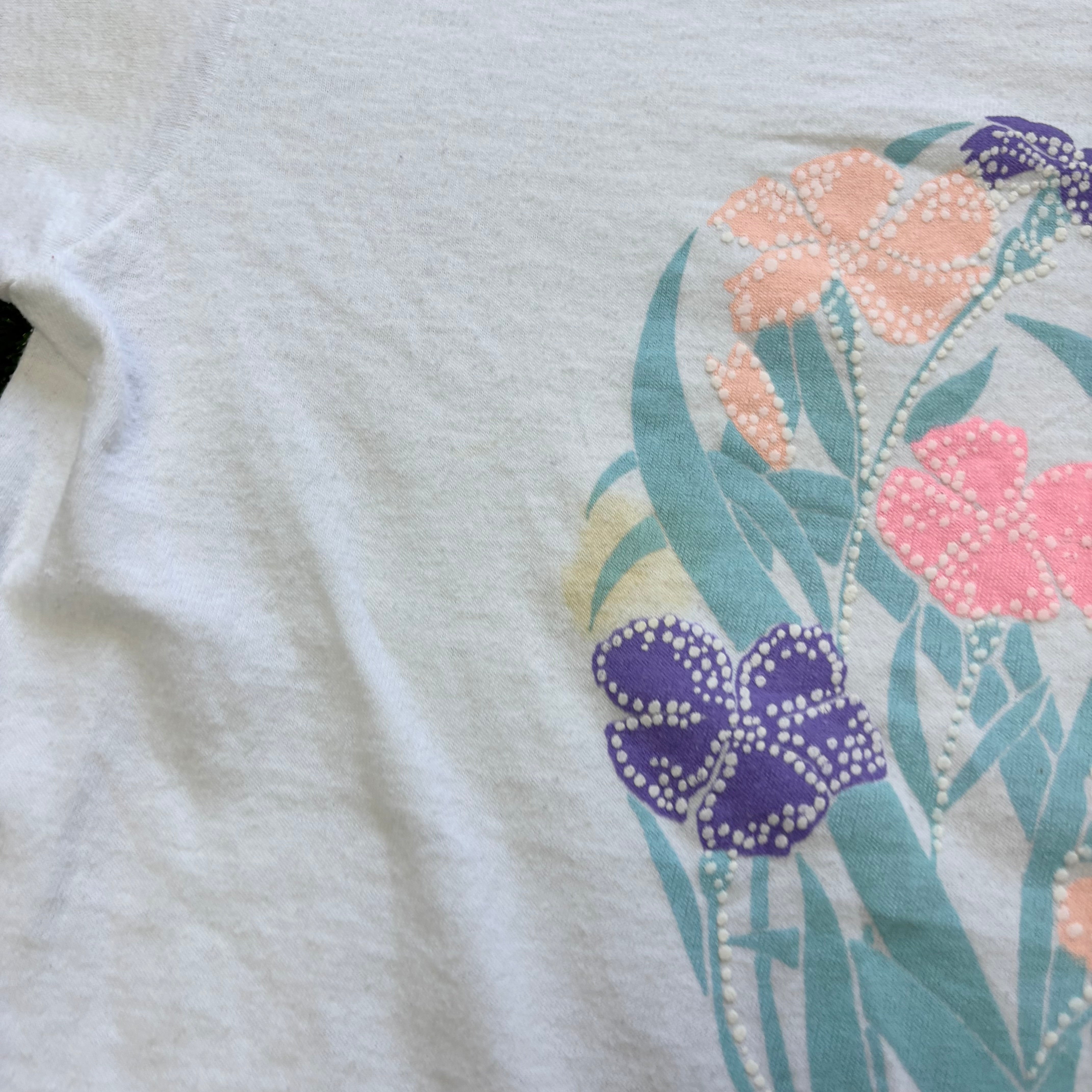 Vintage T Shirt Mens Medium White Single Stitch Graphic Print 90s Flowers (F)