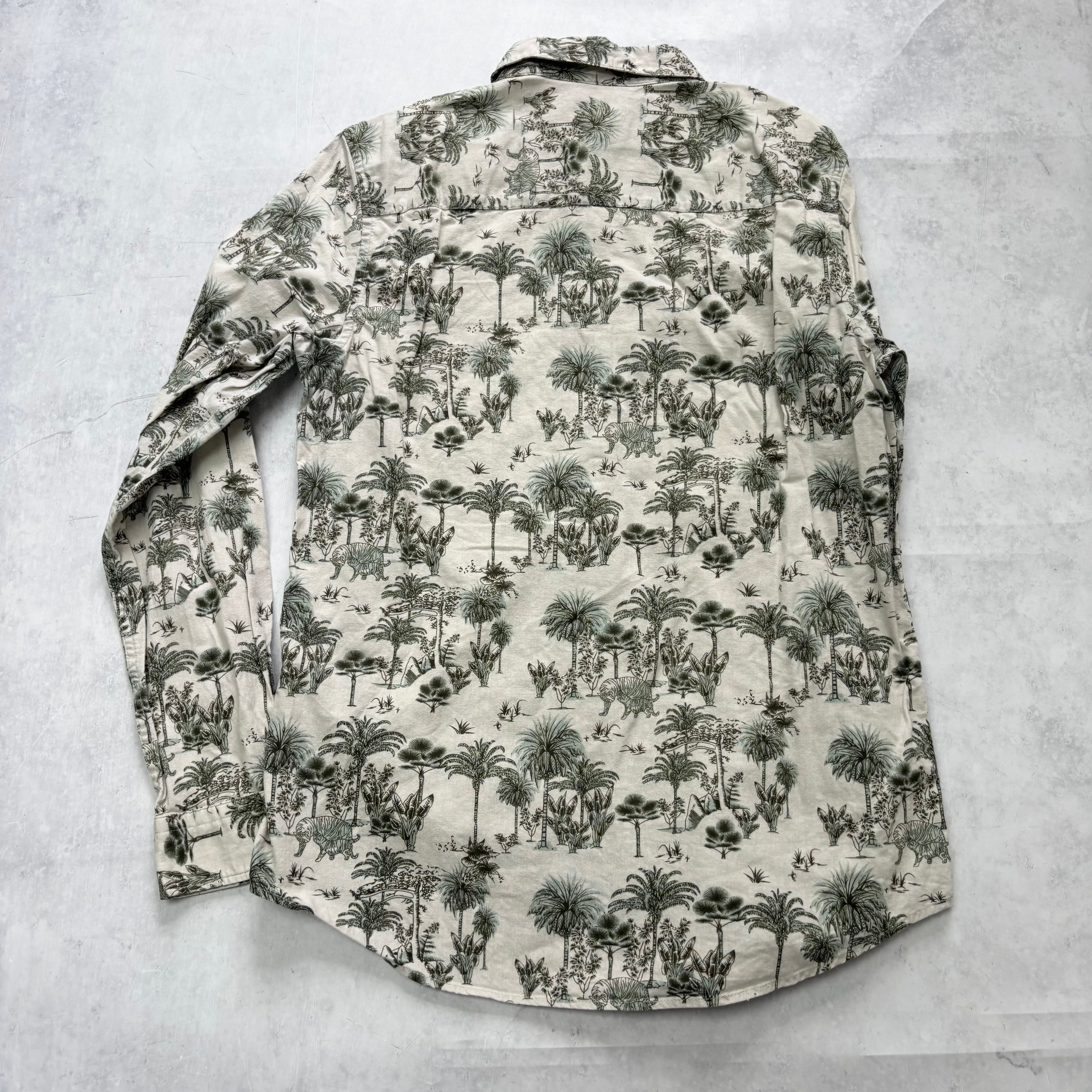 Kiabi Shirt Mens Small Beige Floral Aloha Long Sleeve Cotton (E)
