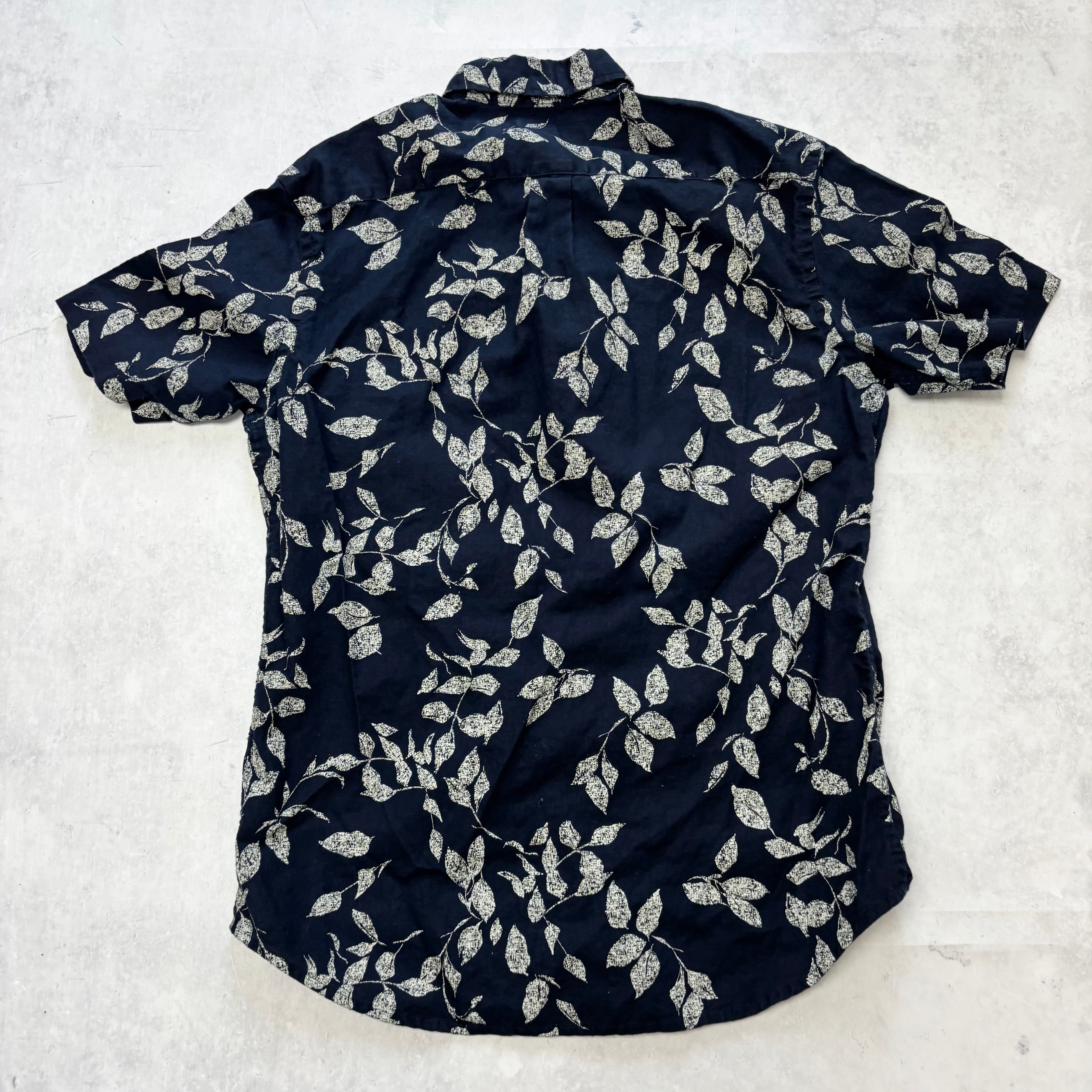 Old Navy Hawaiian Shirt Mens Small Navy Short Sleeve Slim Fit Linen (E)