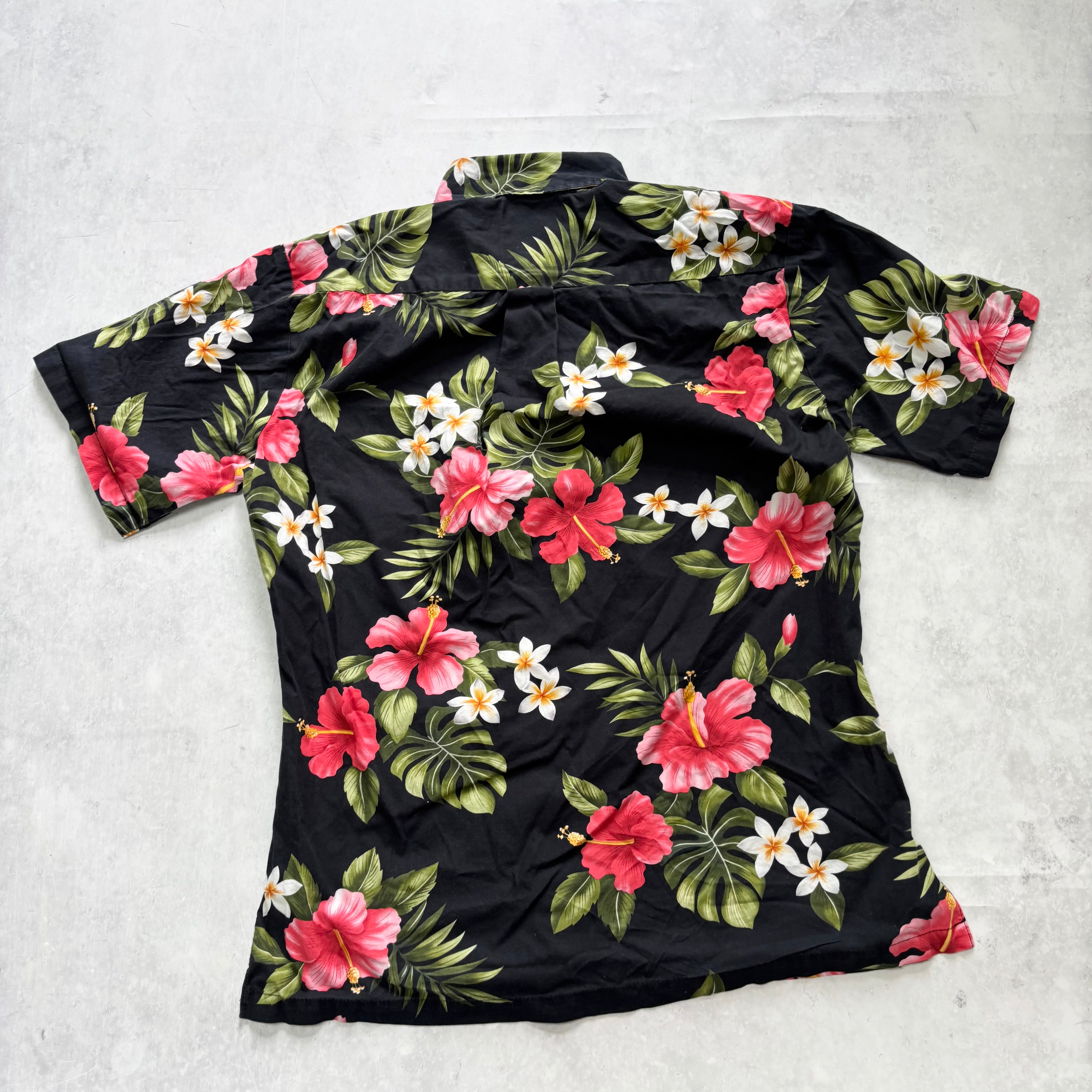 Vintage Hawaiian Shirt Womens Medium Black Floral Aloha Short Sleeve Cotton (E)
