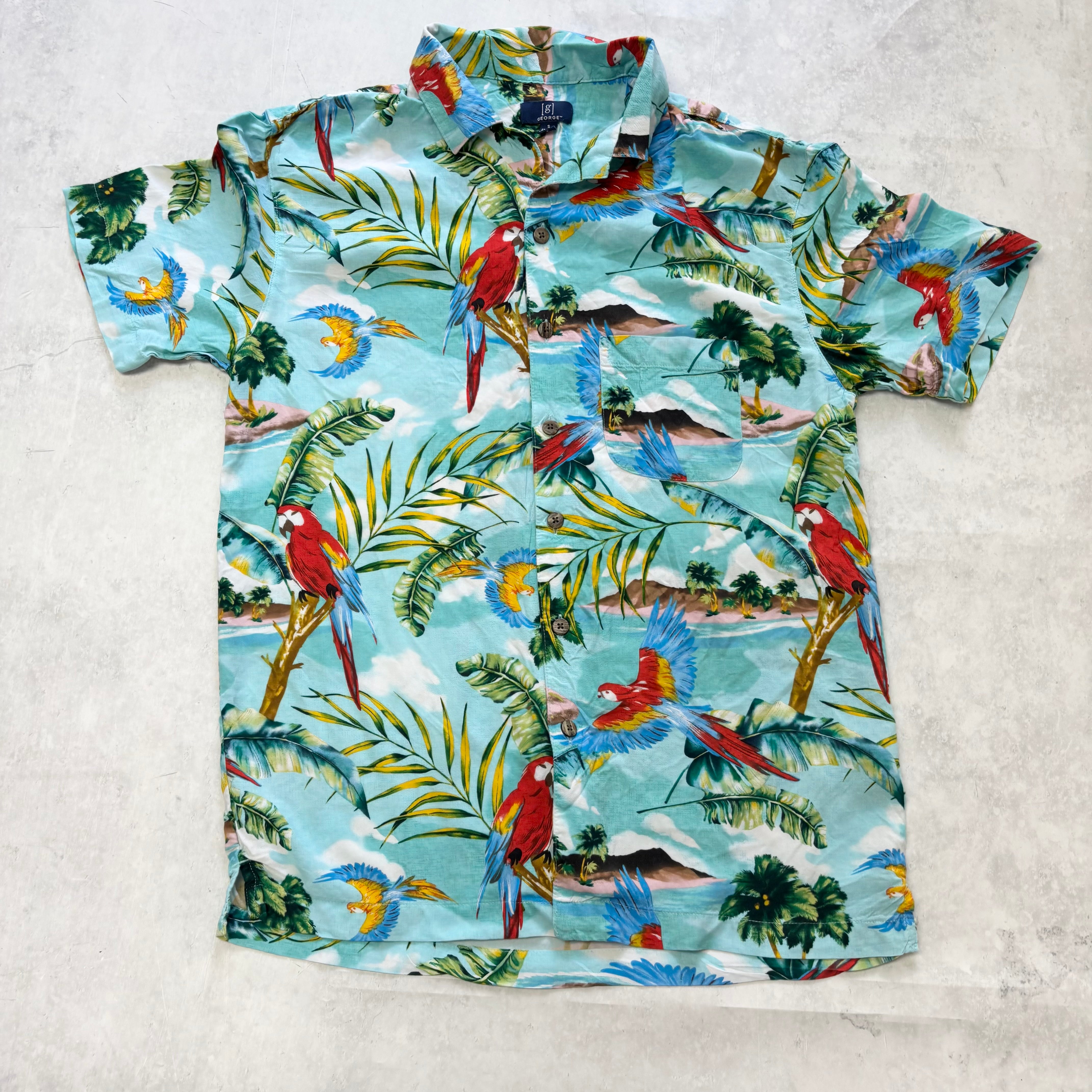 George Hawaiian Shirt Mens Small Blue Floral Aloha Short Sleeve Rayon (E)