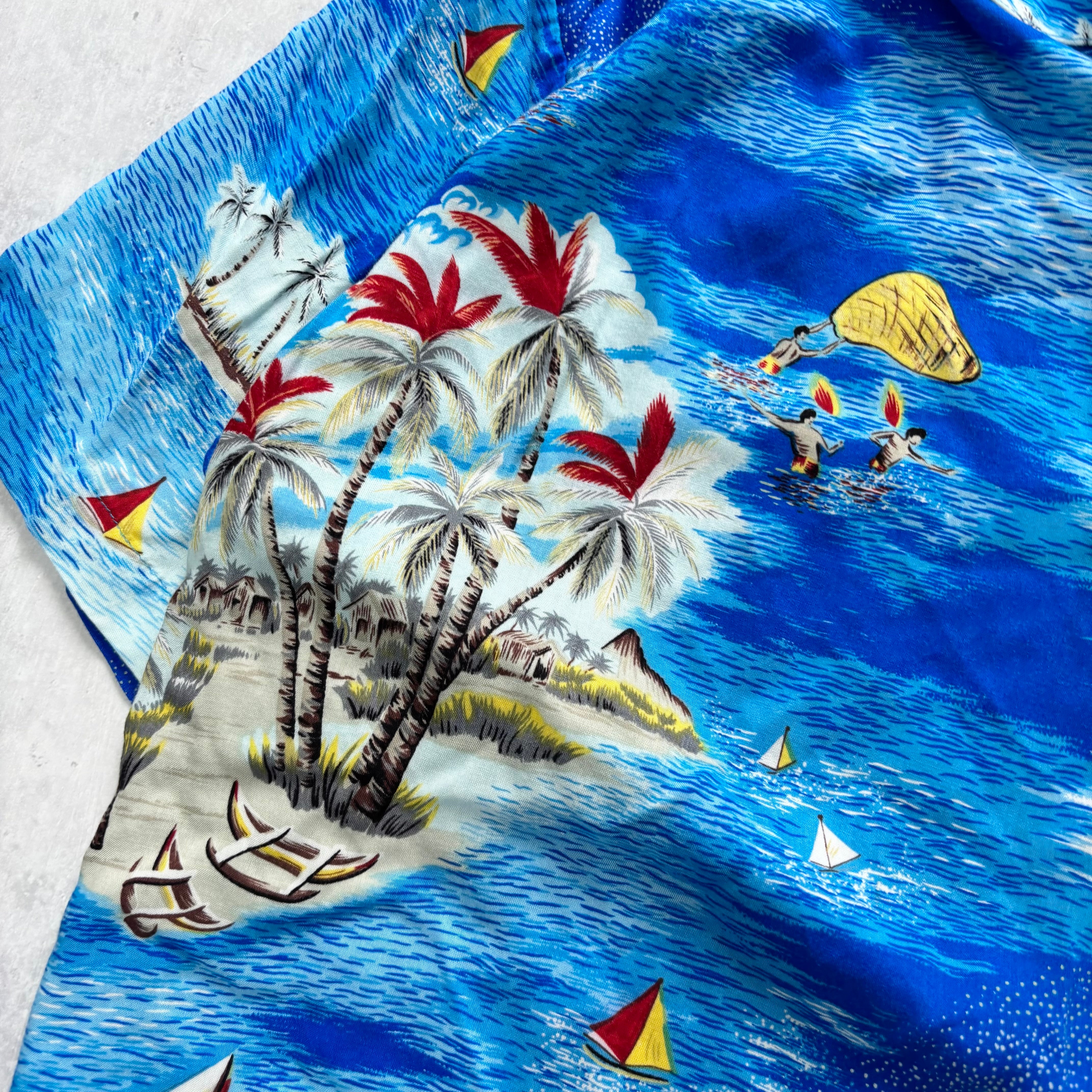 Vintage Hawaiian Shirt Mens Large Blue Floral Aloha Short Sleeve Rayon (E)