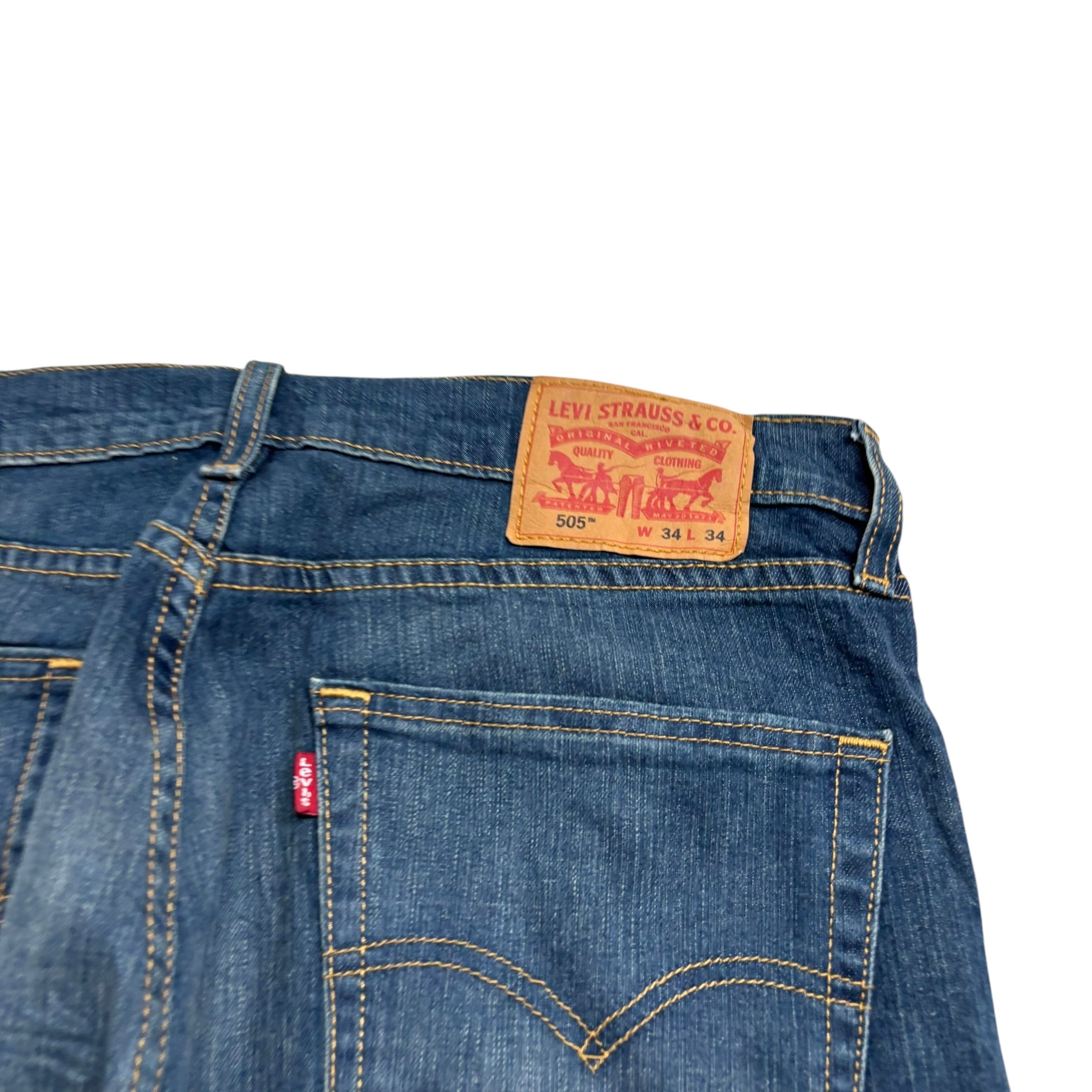 Levis 505 Jeans W34 L34 Mens Dark Blue Regular Straight Fit Stretch Denim (E)