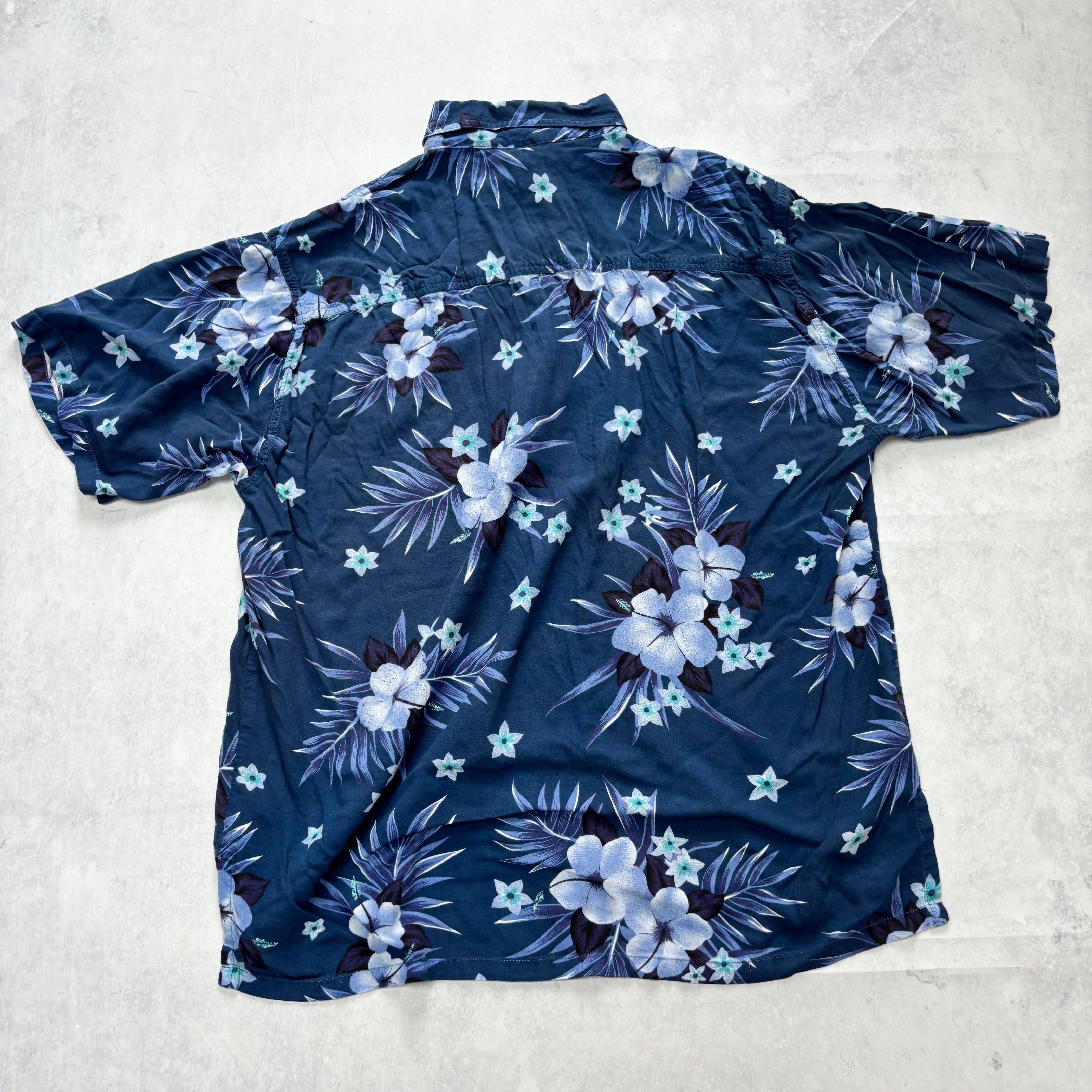 Hawaiian Shirt Mens Large Blue Floral Aloha Short Sleeve Rayon (F)