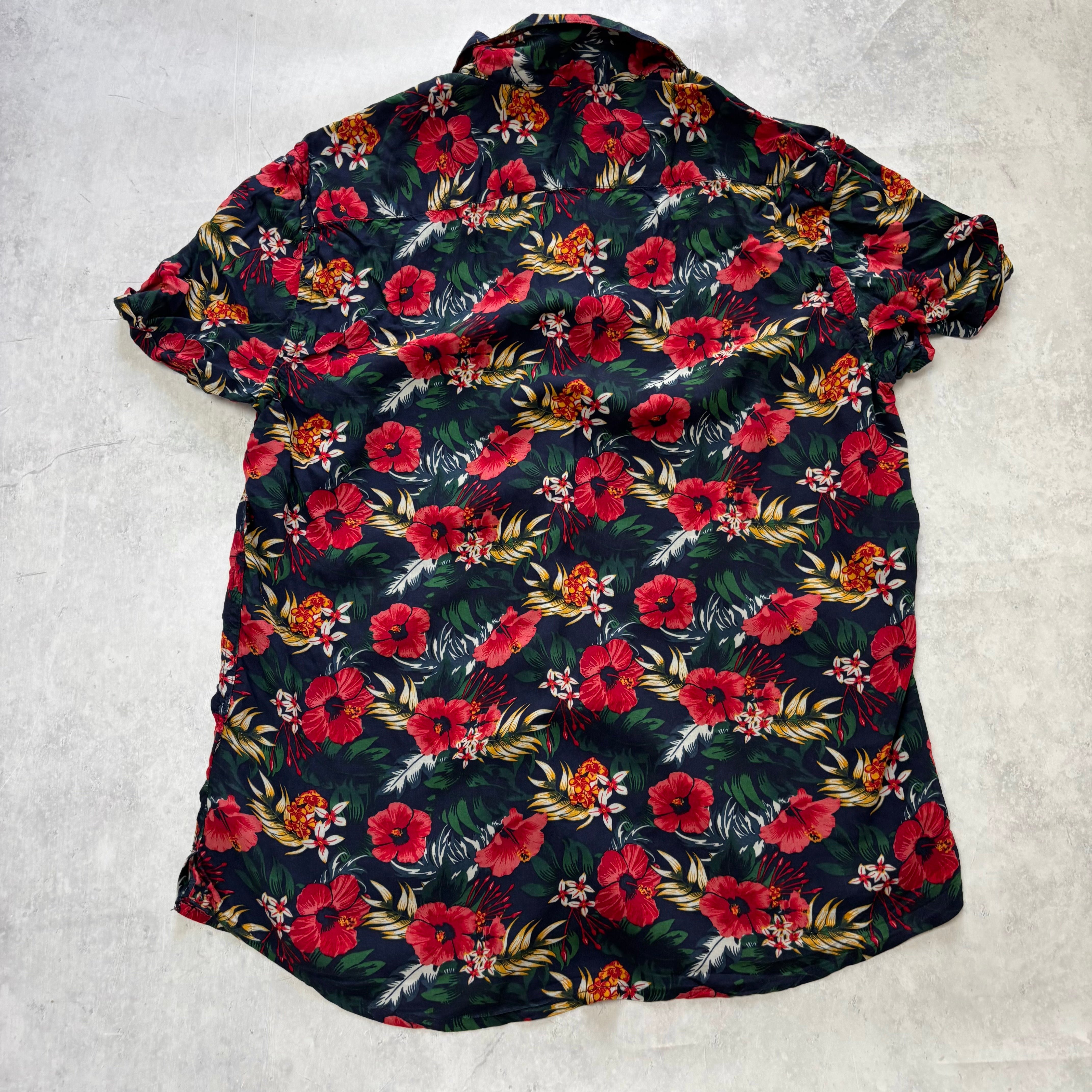 Hawaiian Shirt Mens Large Navy Multi Floral Short Sleeve Viscose Slim Fit (E)