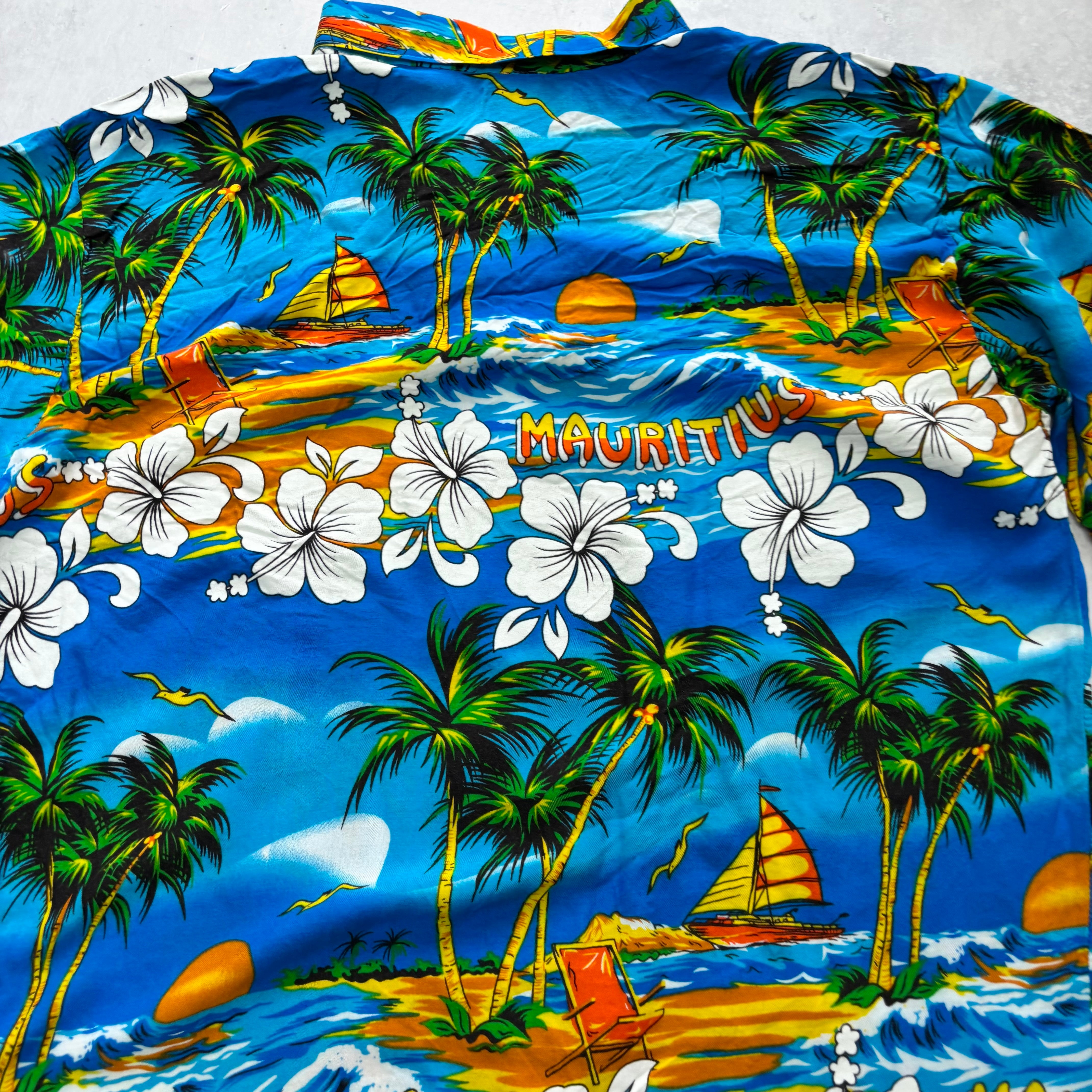 Hawaiian Shirt Mens Large Blue Floral Aloha Short Sleeve Cotton (E)