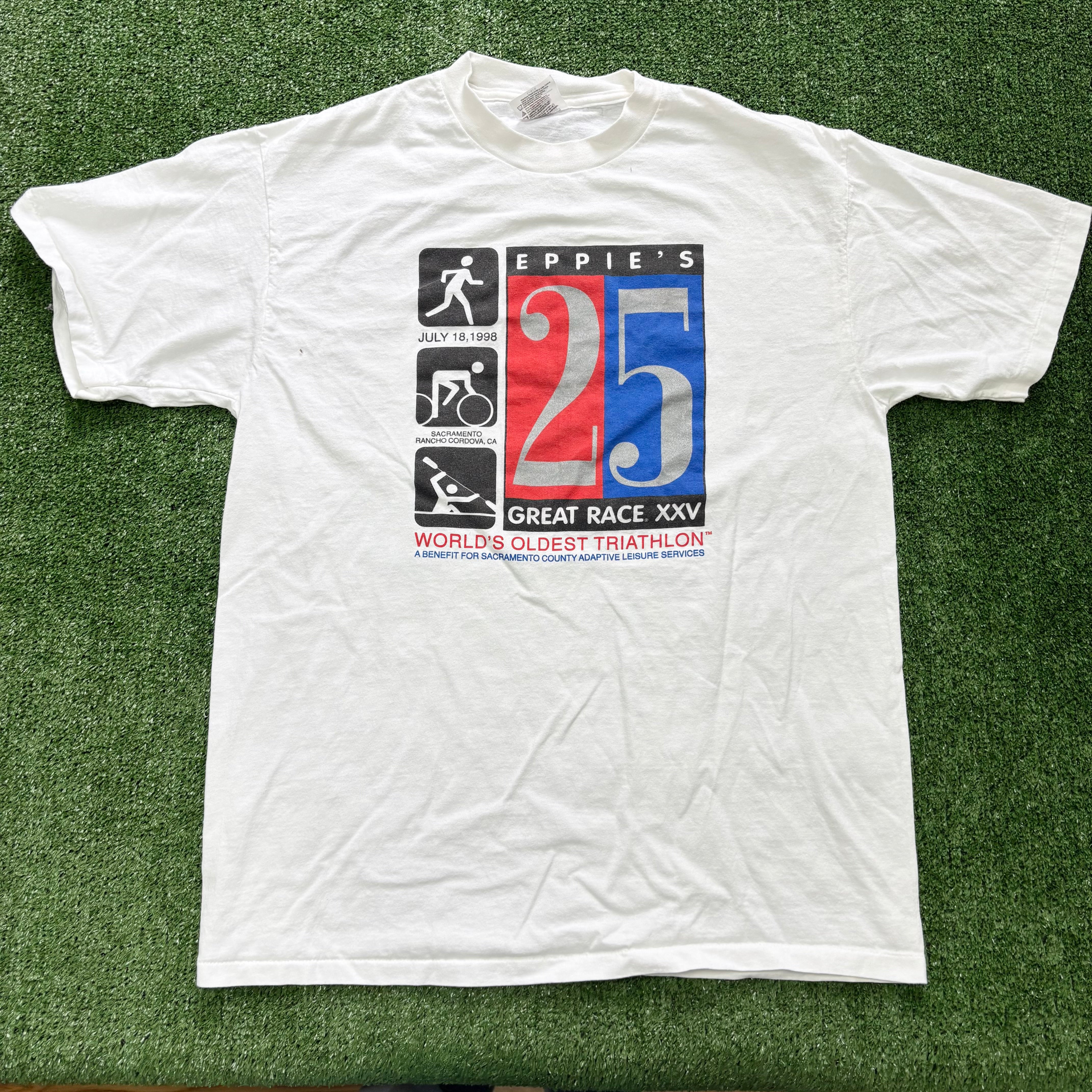 Vintage T Shirt Mens Large White Single Stitch Graphic Print 90s Race (E)