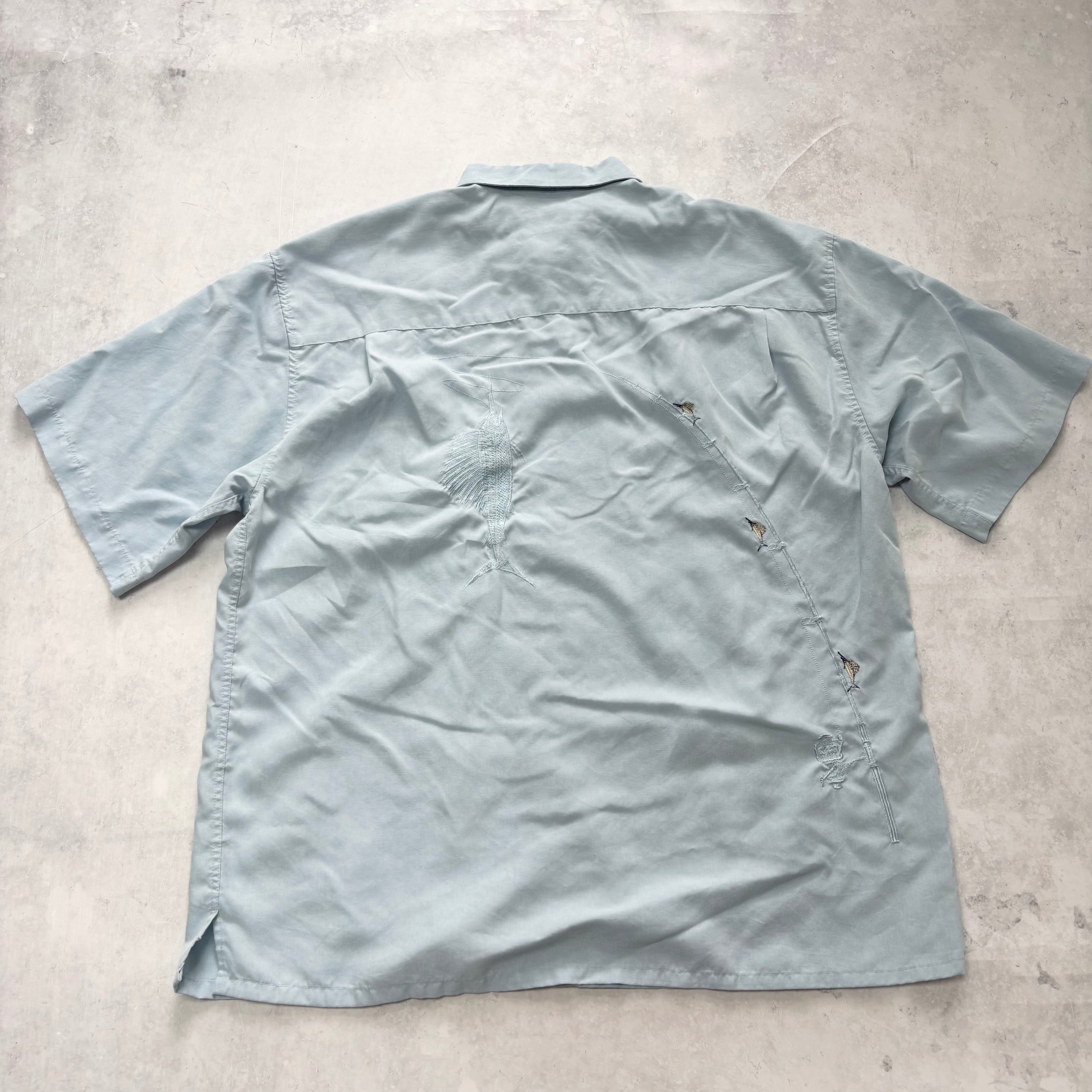 Vintage Shirt Mens XXL Blue Abstract Funky Short Sleeve Fishing (E)