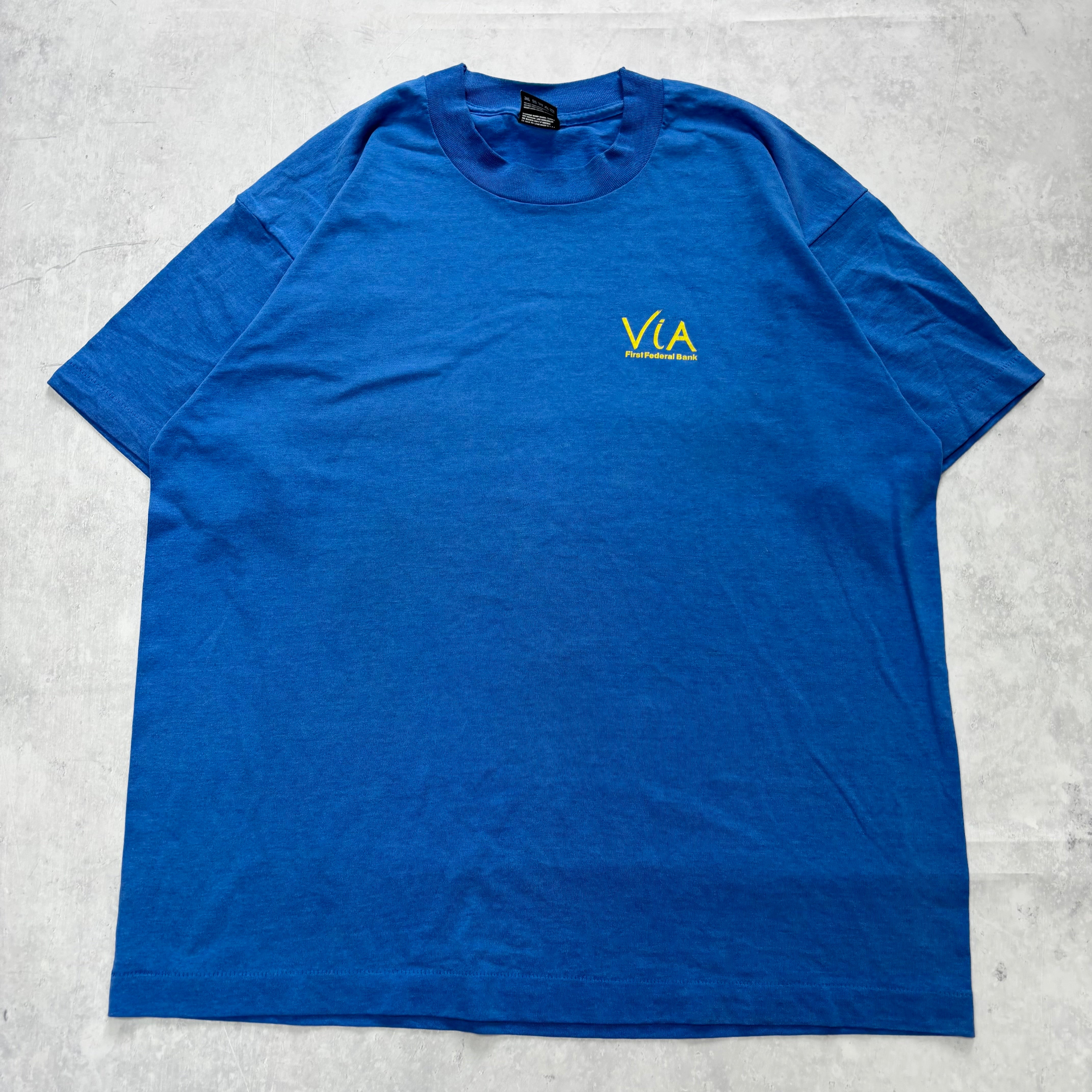 Vintage T Shirt Mens XL Blue Single Stitch Graphic Print 90s USA Bank (E)
