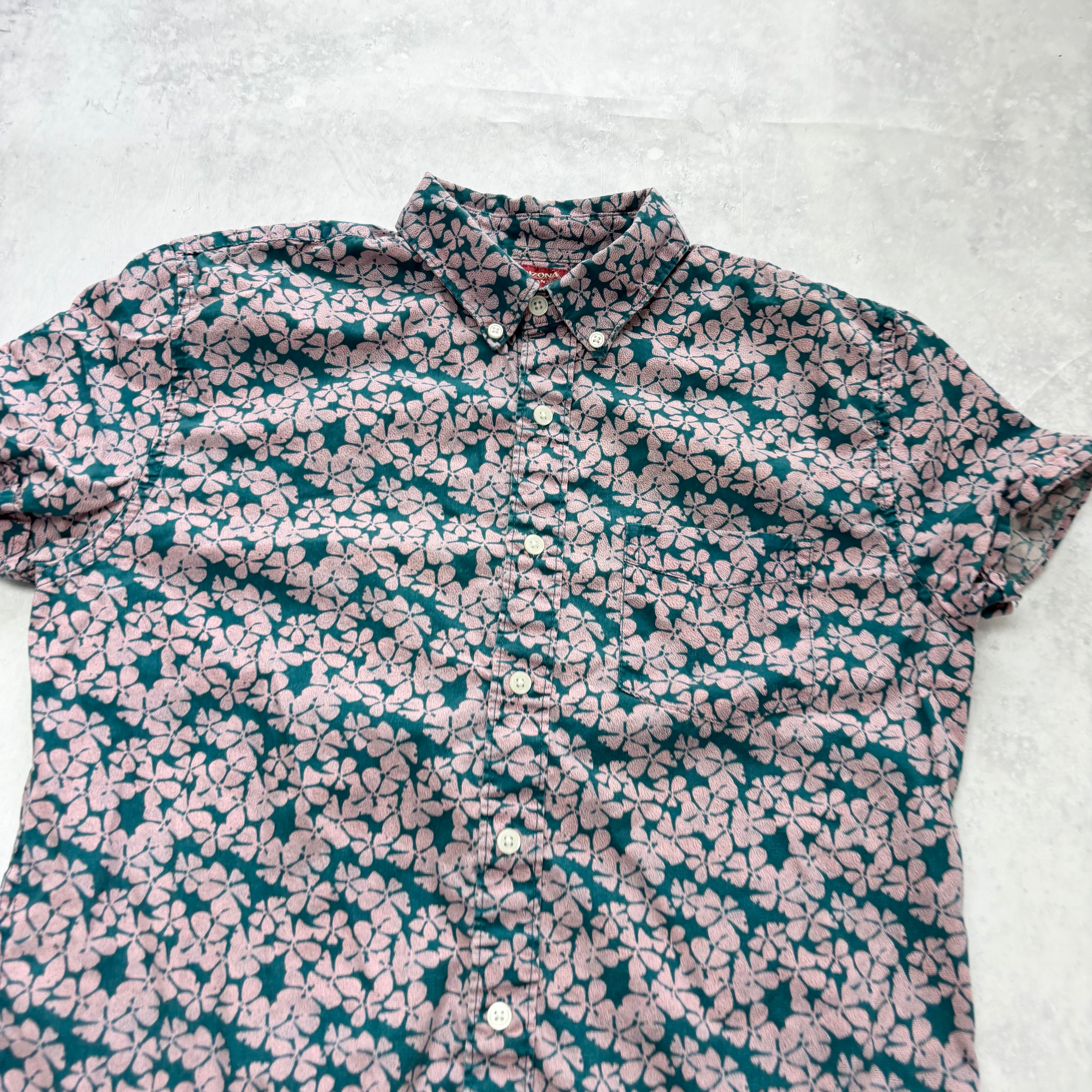 Hawaiian Shirt Mens Small Pink Floral Aloha Short Sleeve Cotton Slim Fit (E)