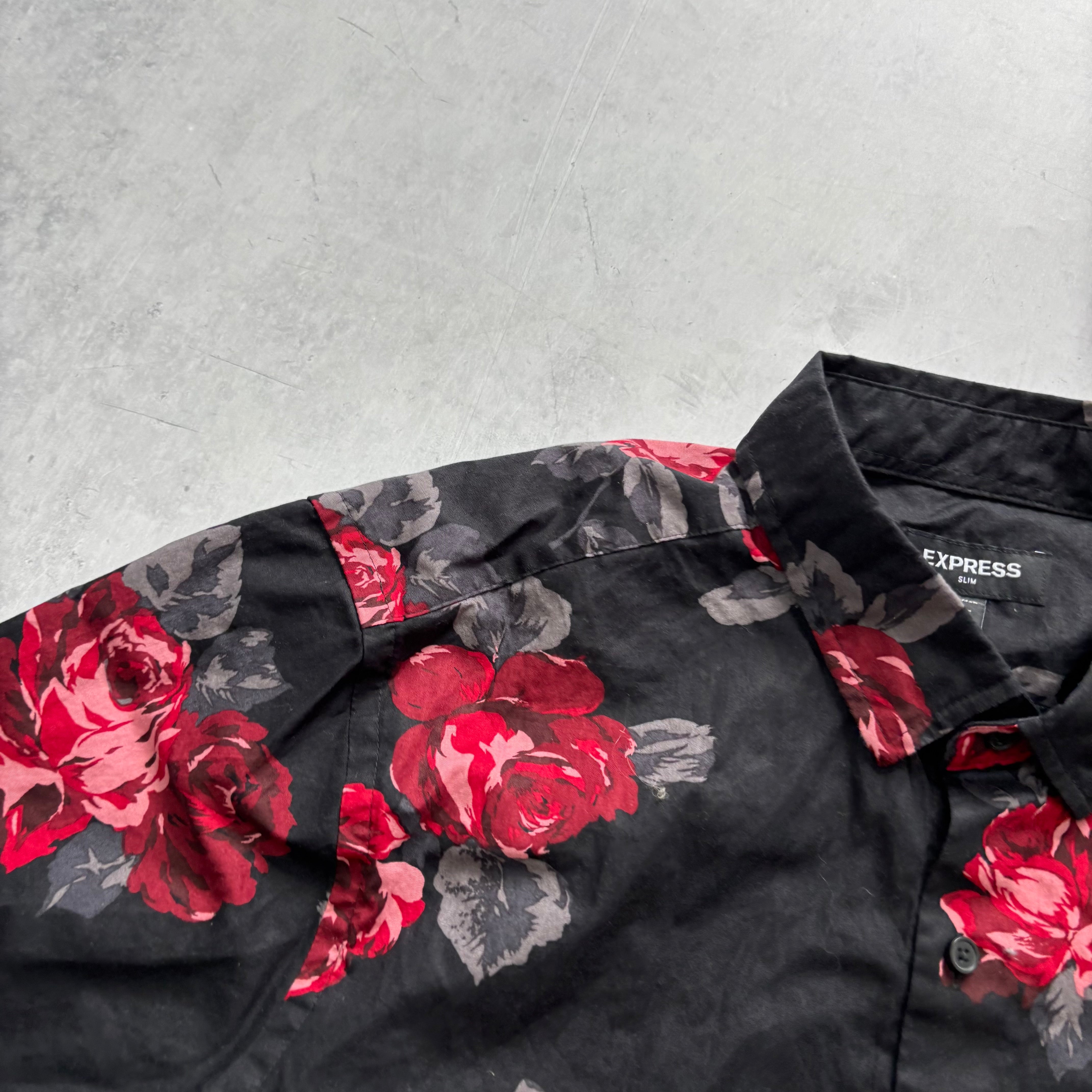 Hawaiian Shirt Mens Large Black Floral Aloha Short Sleeve Cotton Slim Fit (E)